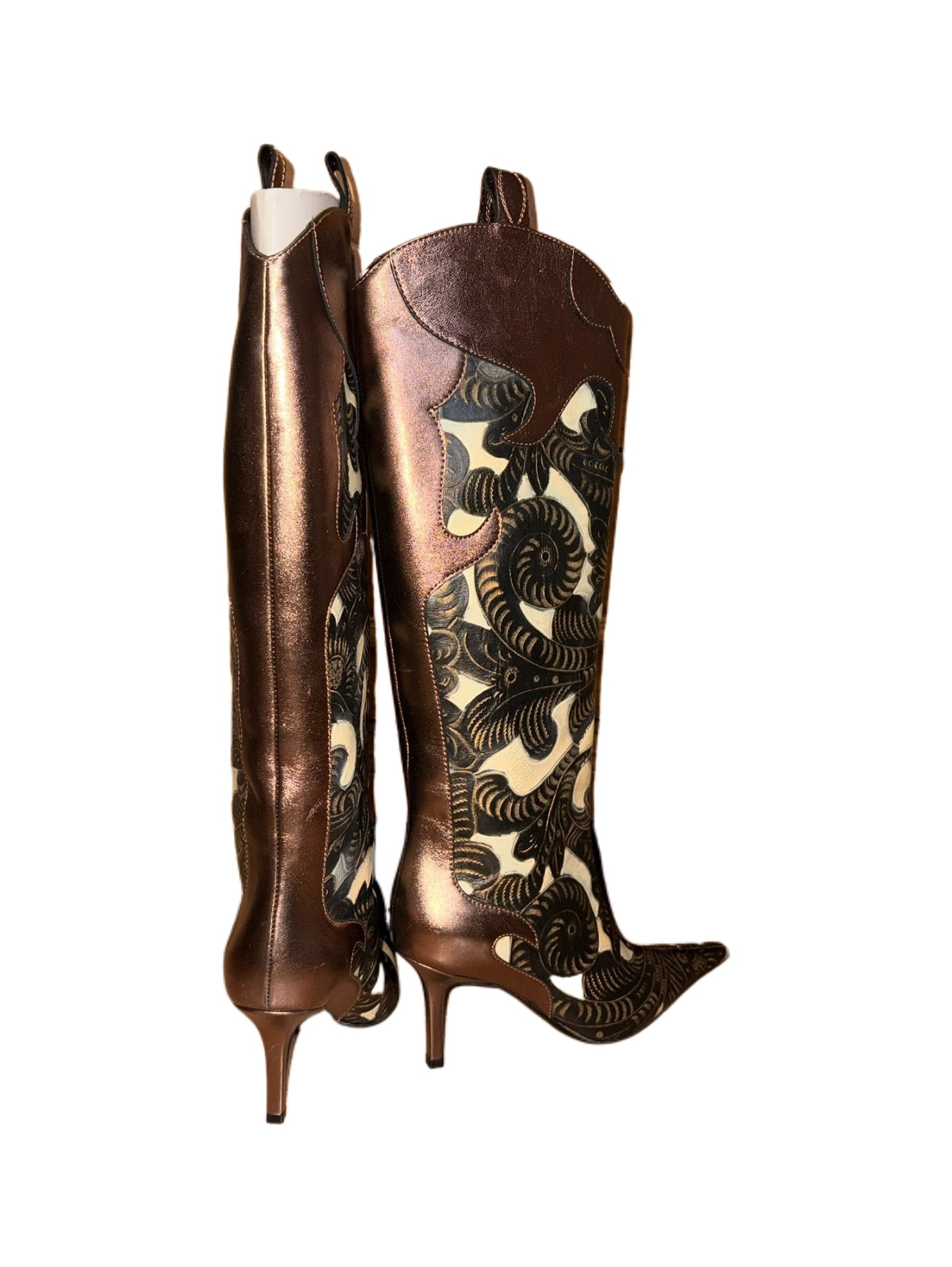 Givenchy Vintage Baroque Engraved Leather Knee-High Boots – Metallic Bronze Western Style Heeled Boots