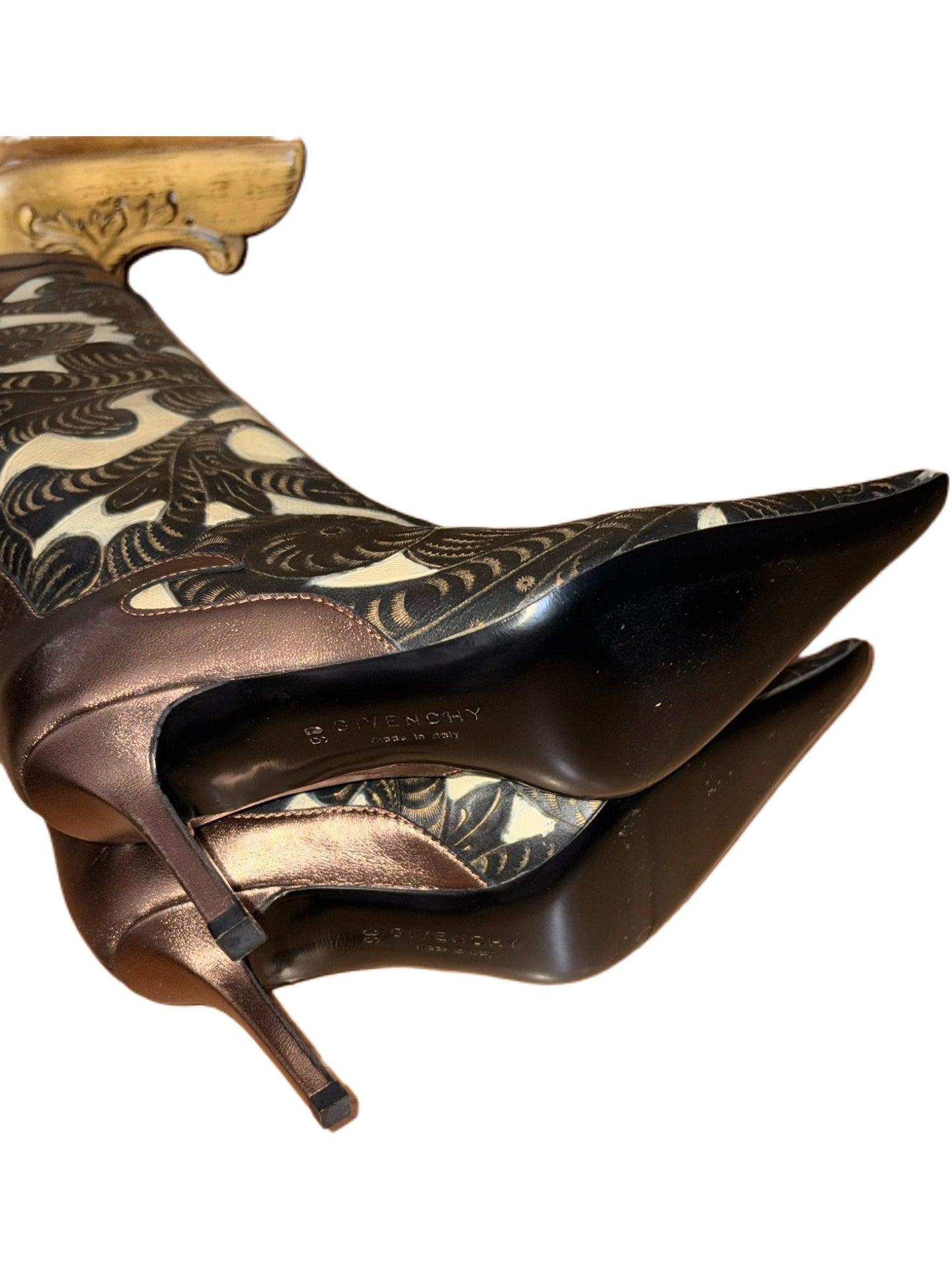 Givenchy Vintage Baroque Engraved Leather Knee-High Boots – Metallic Bronze Western Style Heeled Boots