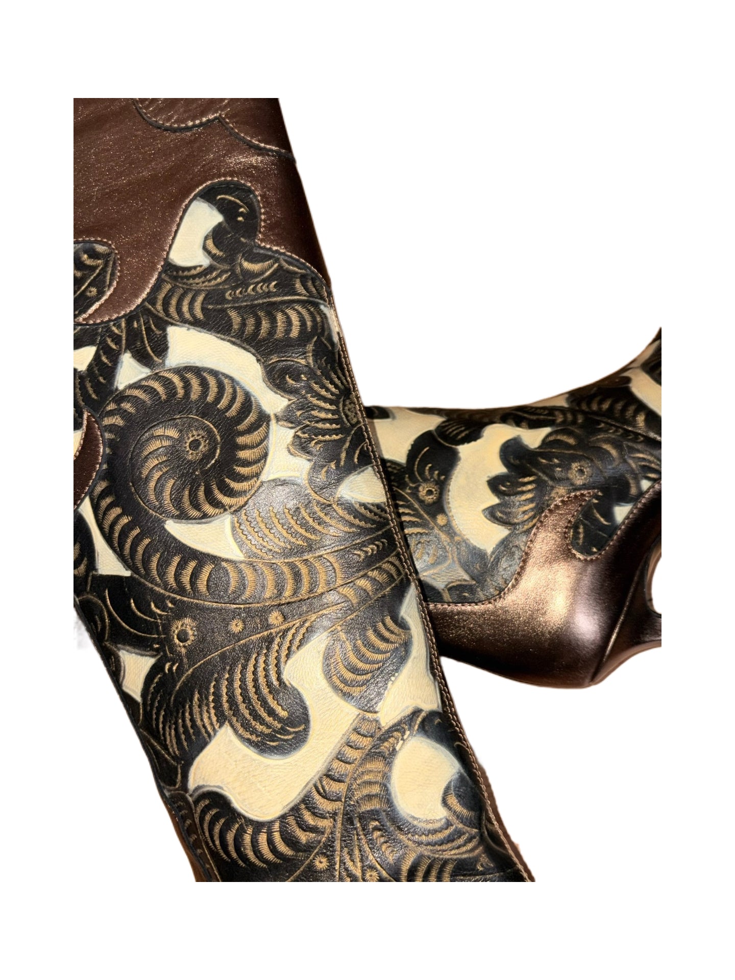 Givenchy Vintage Baroque Engraved Leather Knee-High Boots – Metallic Bronze Western Style Heeled Boots