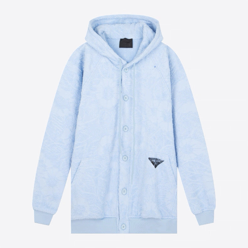 Prada Celeste Blue Floral Jacquard Hooded Button-Up Jacket