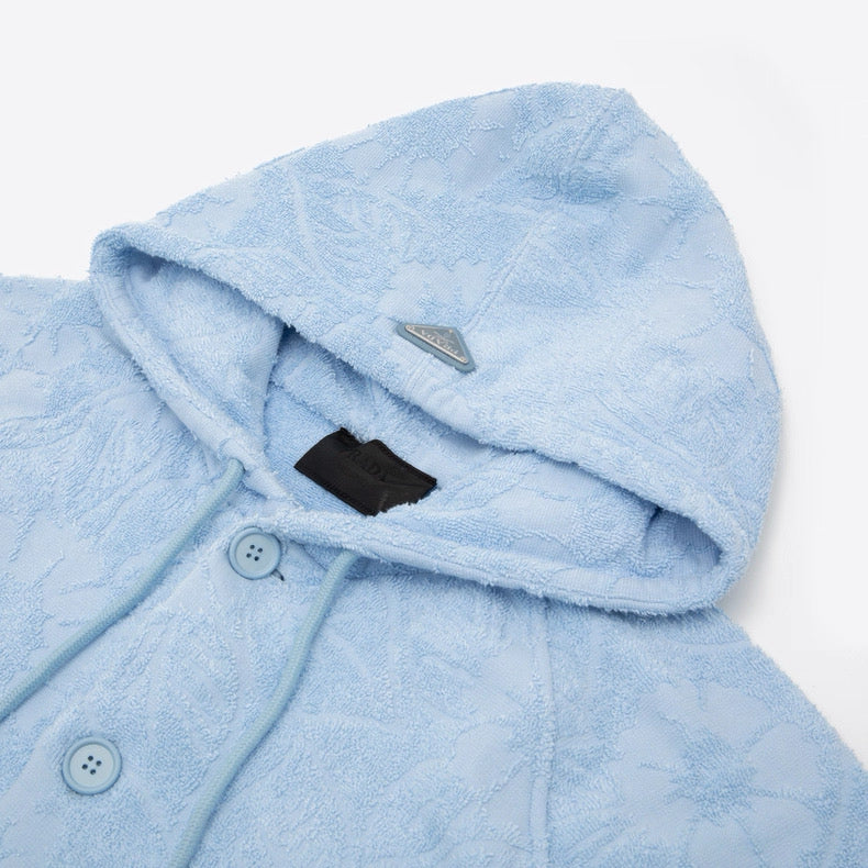 Prada Celeste Blue Floral Jacquard Hooded Button-Up Jacket
