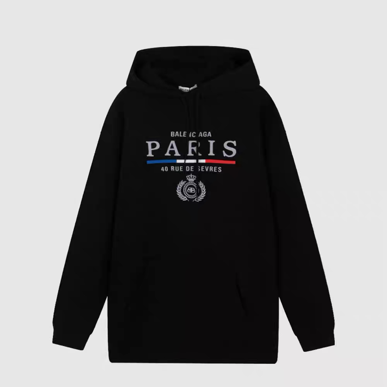 Balenciaga Paris Logo Embroidered Hoodie Black