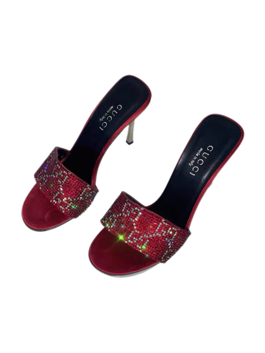 Gucci by Tom Ford Crystal GG Logo Mule Heels – Y2K Red Swarovski Slide Sandals