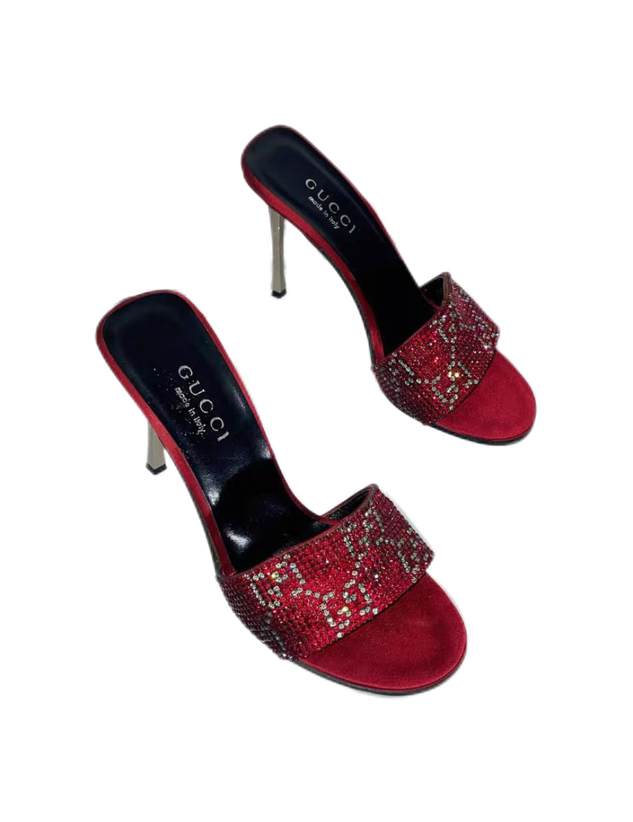 Gucci by Tom Ford Crystal GG Logo Mule Heels – Y2K Red Swarovski Slide Sandals