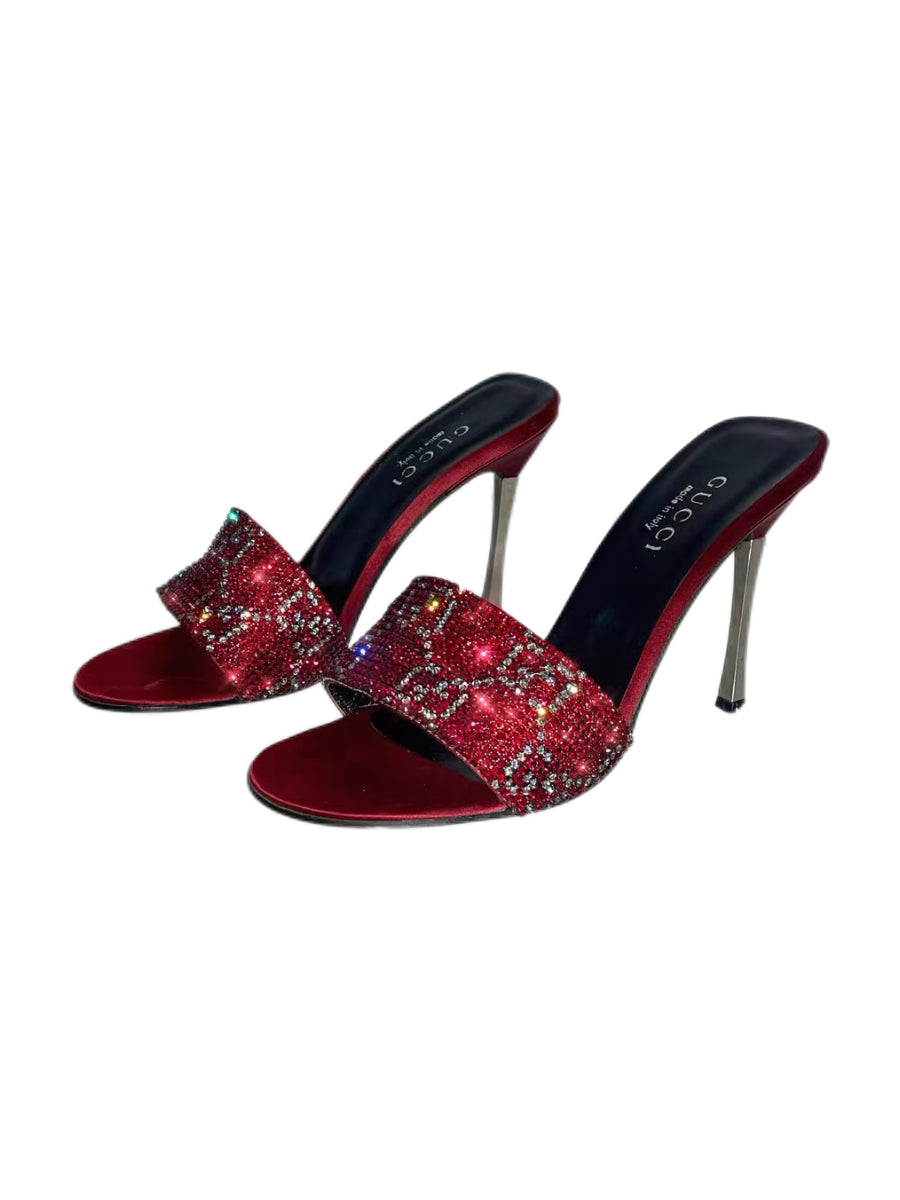 Gucci by Tom Ford Crystal GG Logo Mule Heels – Y2K Red Swarovski Slide Sandals