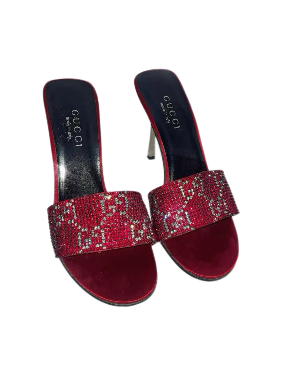 Gucci by Tom Ford Crystal GG Logo Mule Heels – Y2K Red Swarovski Slide Sandals