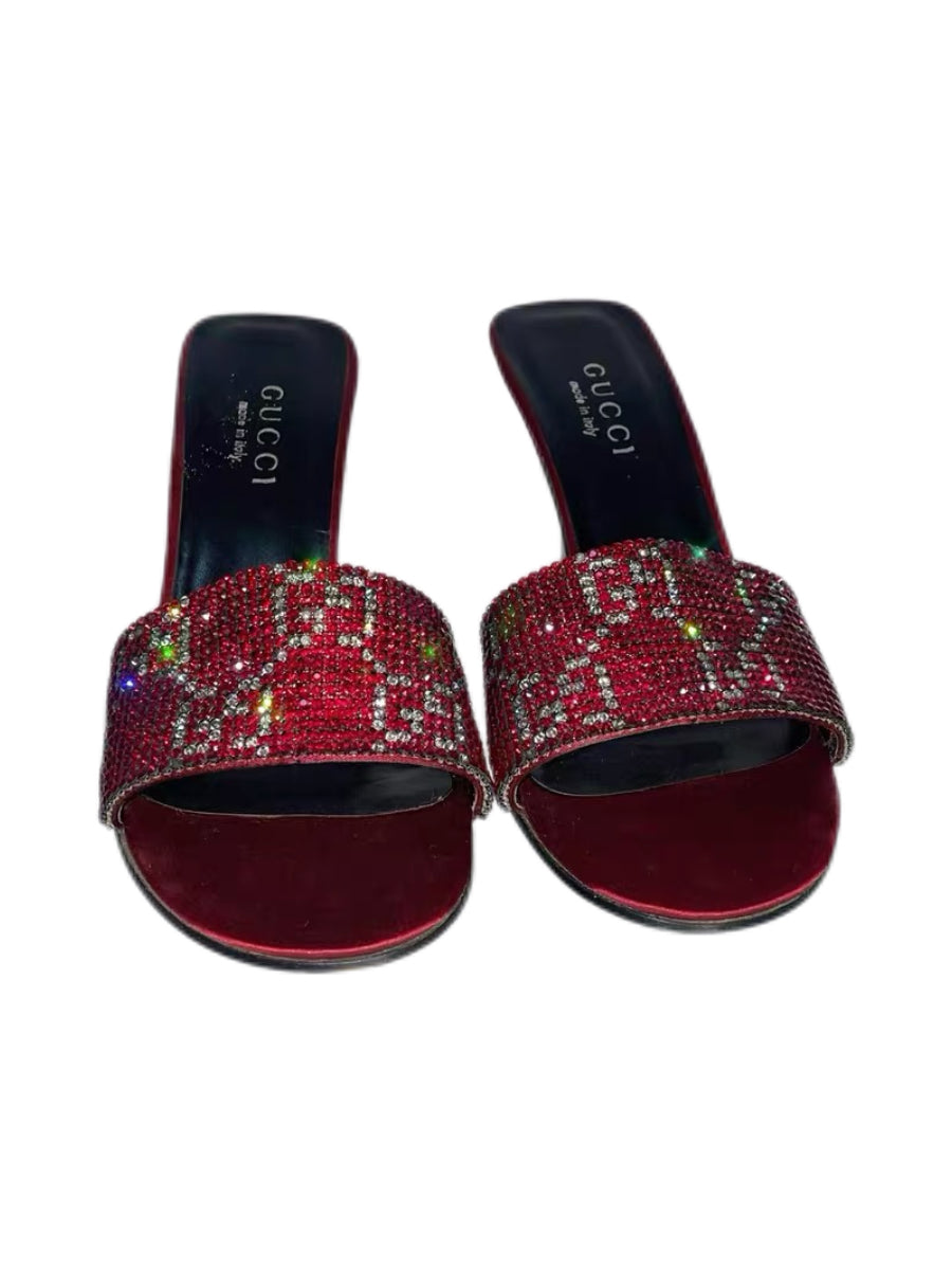 Gucci by Tom Ford Crystal GG Logo Mule Heels – Y2K Red Swarovski Slide Sandals