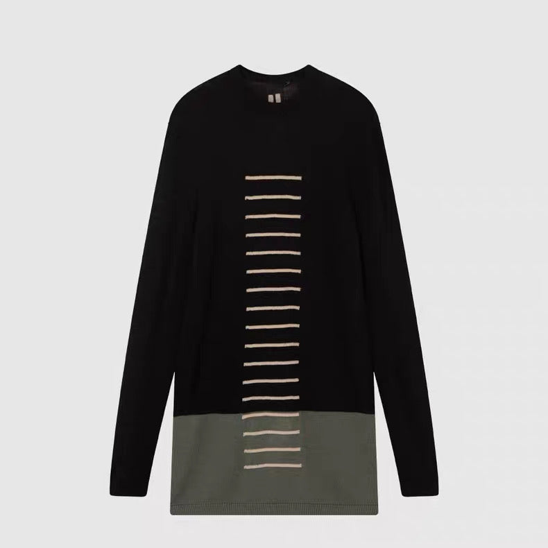 Rick Owens Black/Olive Panel Knit Long Sleeve Top