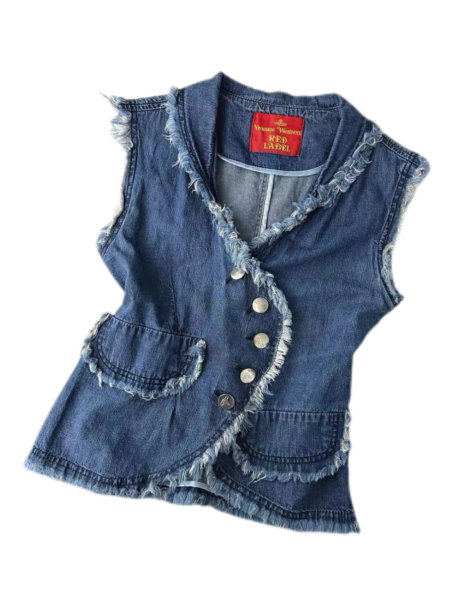 Vivienne Westwood Red Label Asymmetric Denim Vest – Raw Edge Vintage Waistcoat