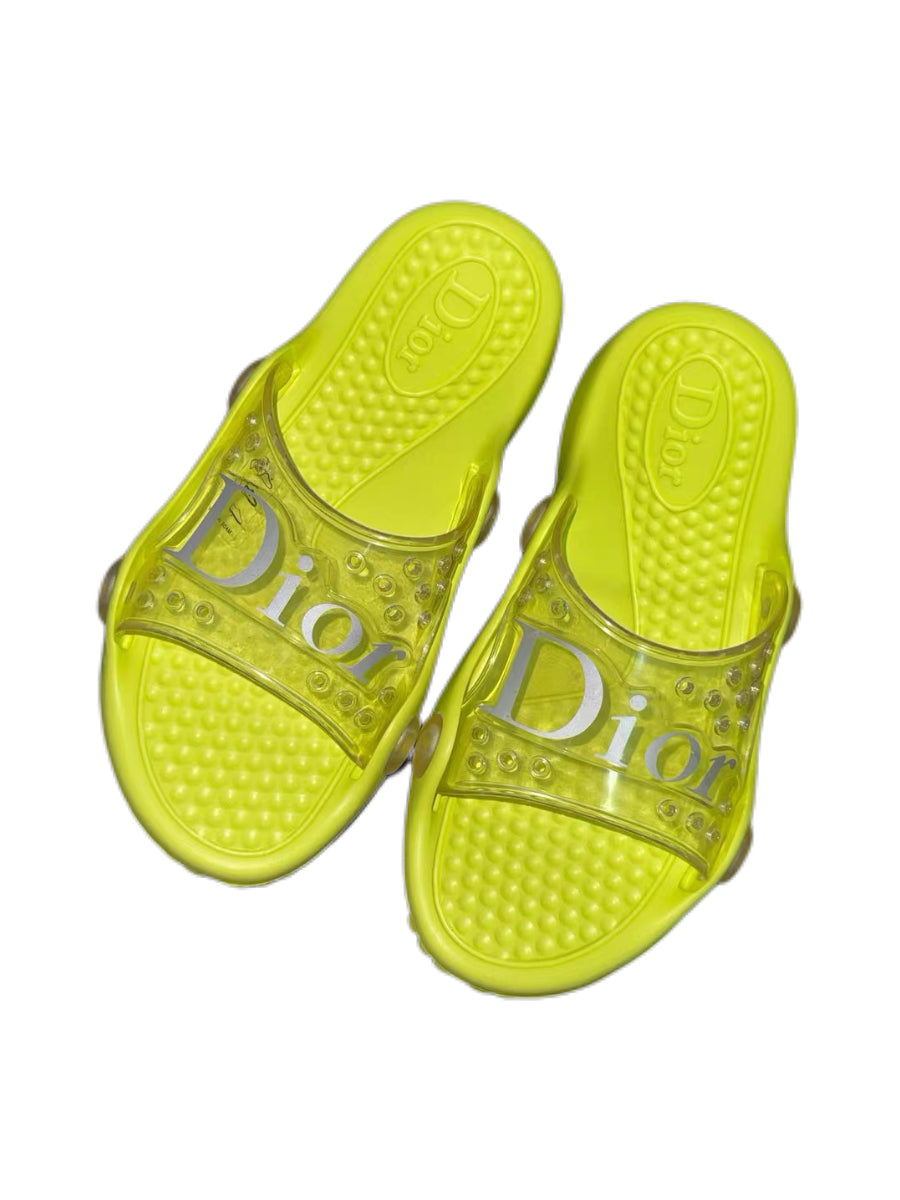 Dior Y2K Neon Jelly Logo Slides – Transparent PVC Summer Pool Sandals