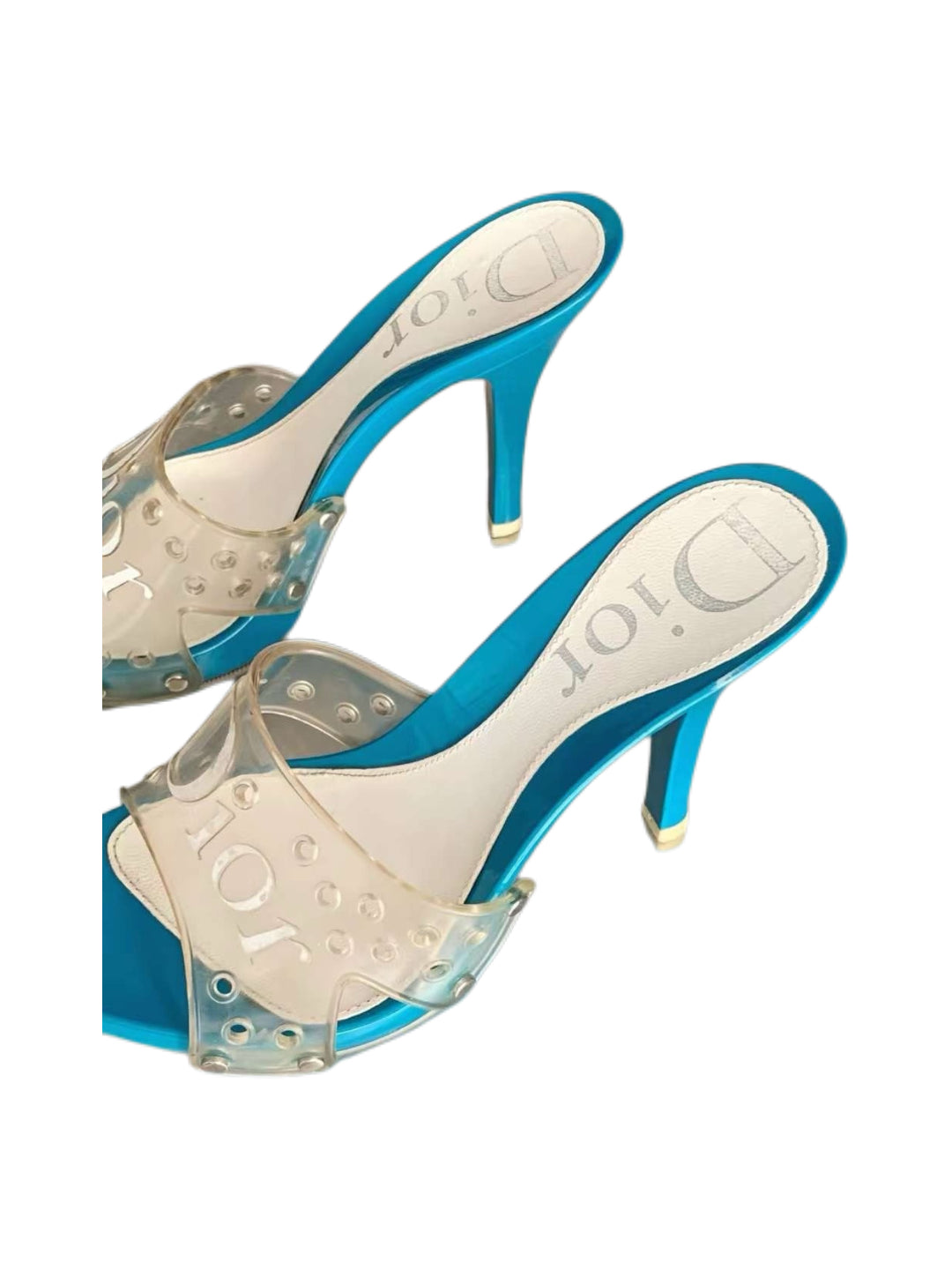 Christian Dior by John Galliano Blue Jelly Logo Mule Heels – Y2K Transparent Dior Sandals