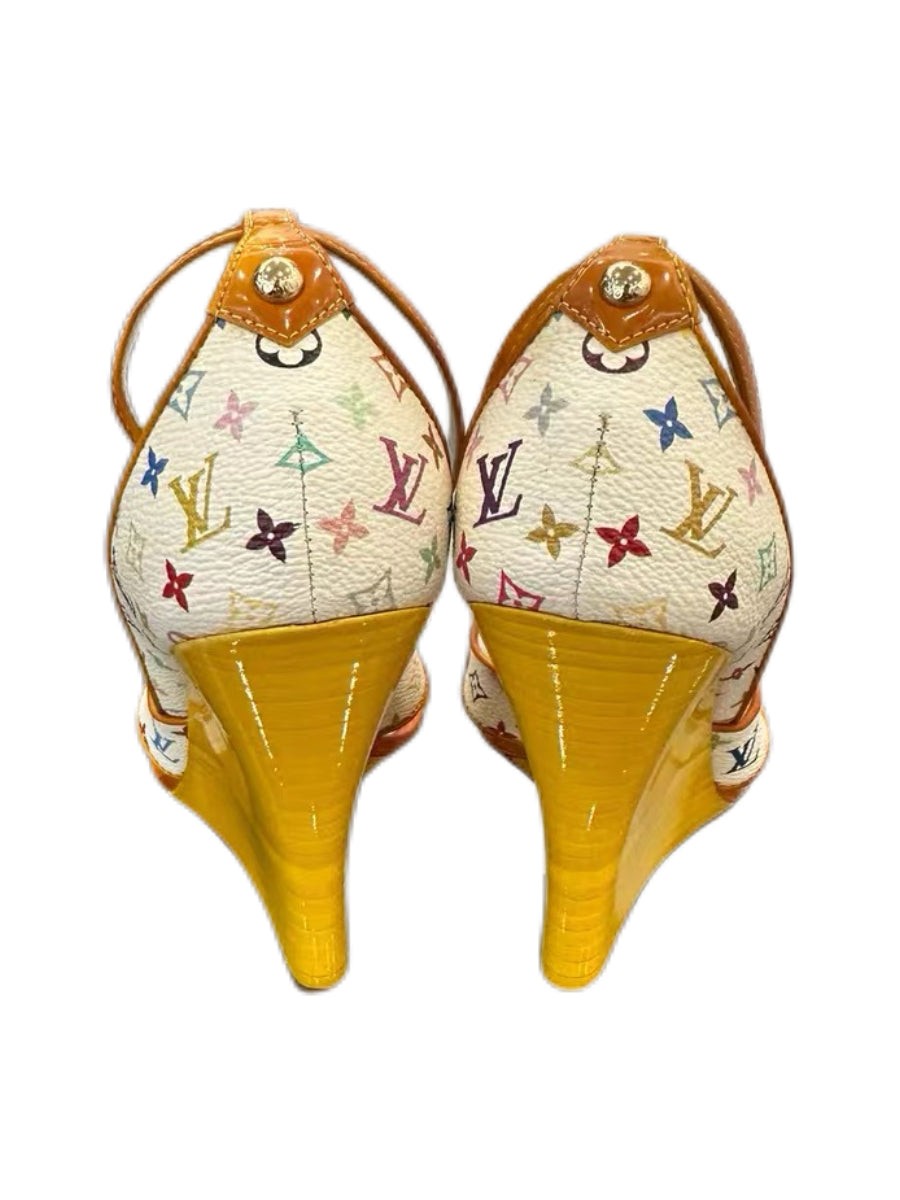 Louis Vuitton Murakami Multicolore Wedge Sandals – Y2K White Monogram Canvas Heels