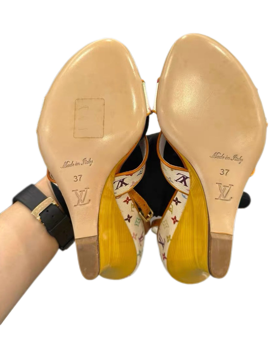 Louis Vuitton Murakami Multicolore Wedge Sandals – Y2K White Monogram Canvas Heels