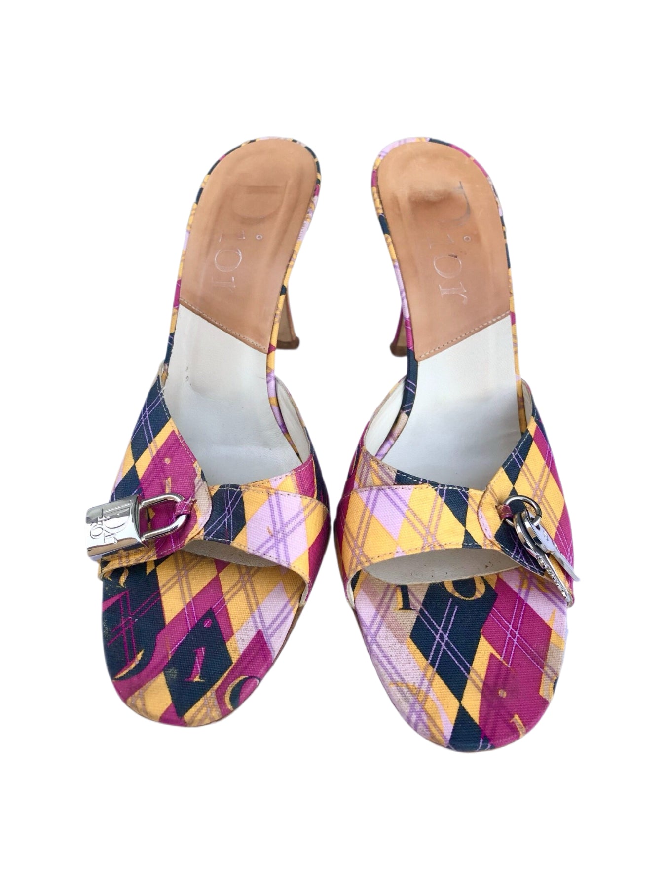 Christian Dior by John Galliano Vintage Tartan Logo Mule Heels – Multicolor Graphic Plaid Sandals