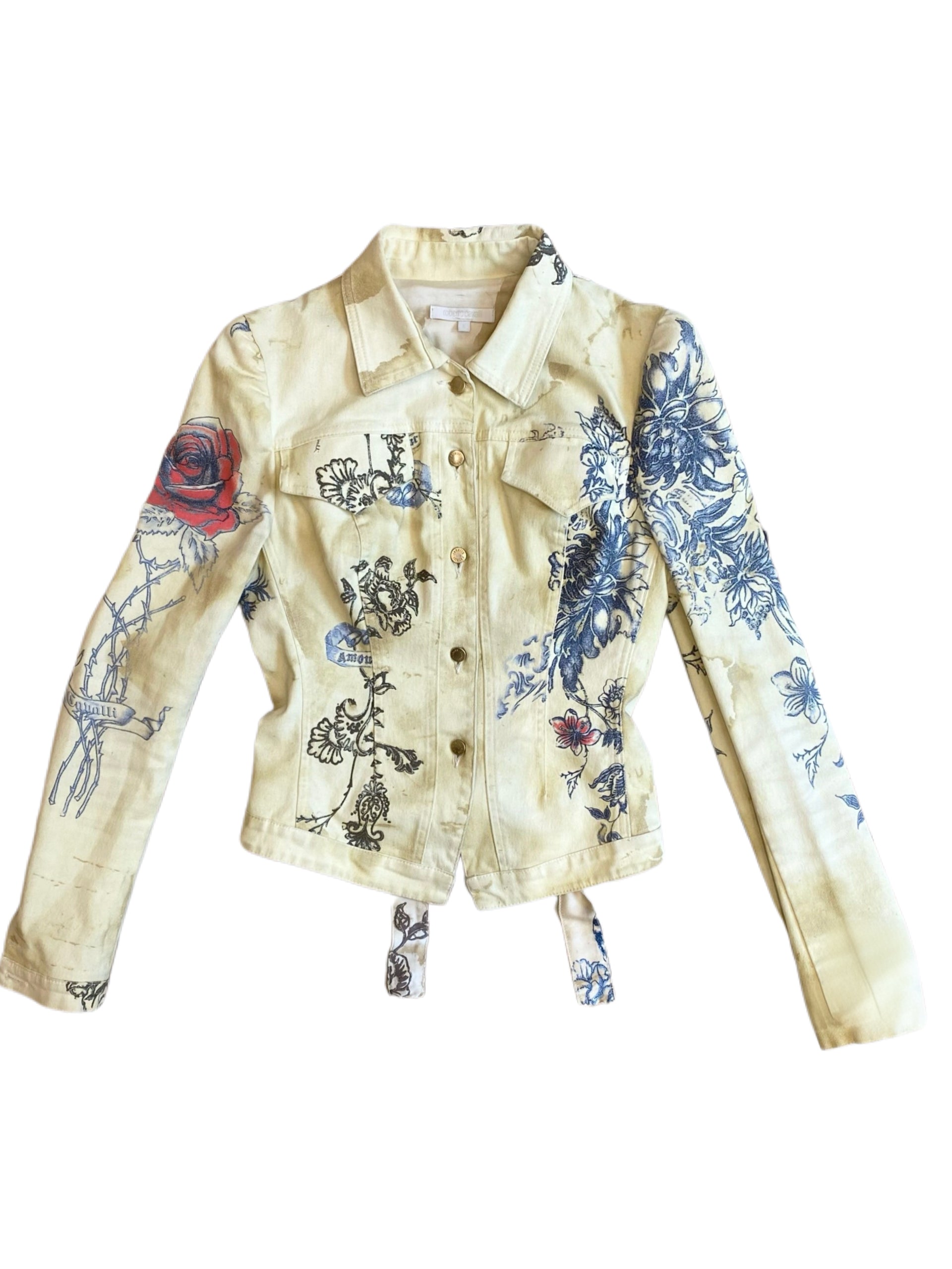 Roberto Cavalli 2003 Runway Tiger & Rose Print Denim Jacket