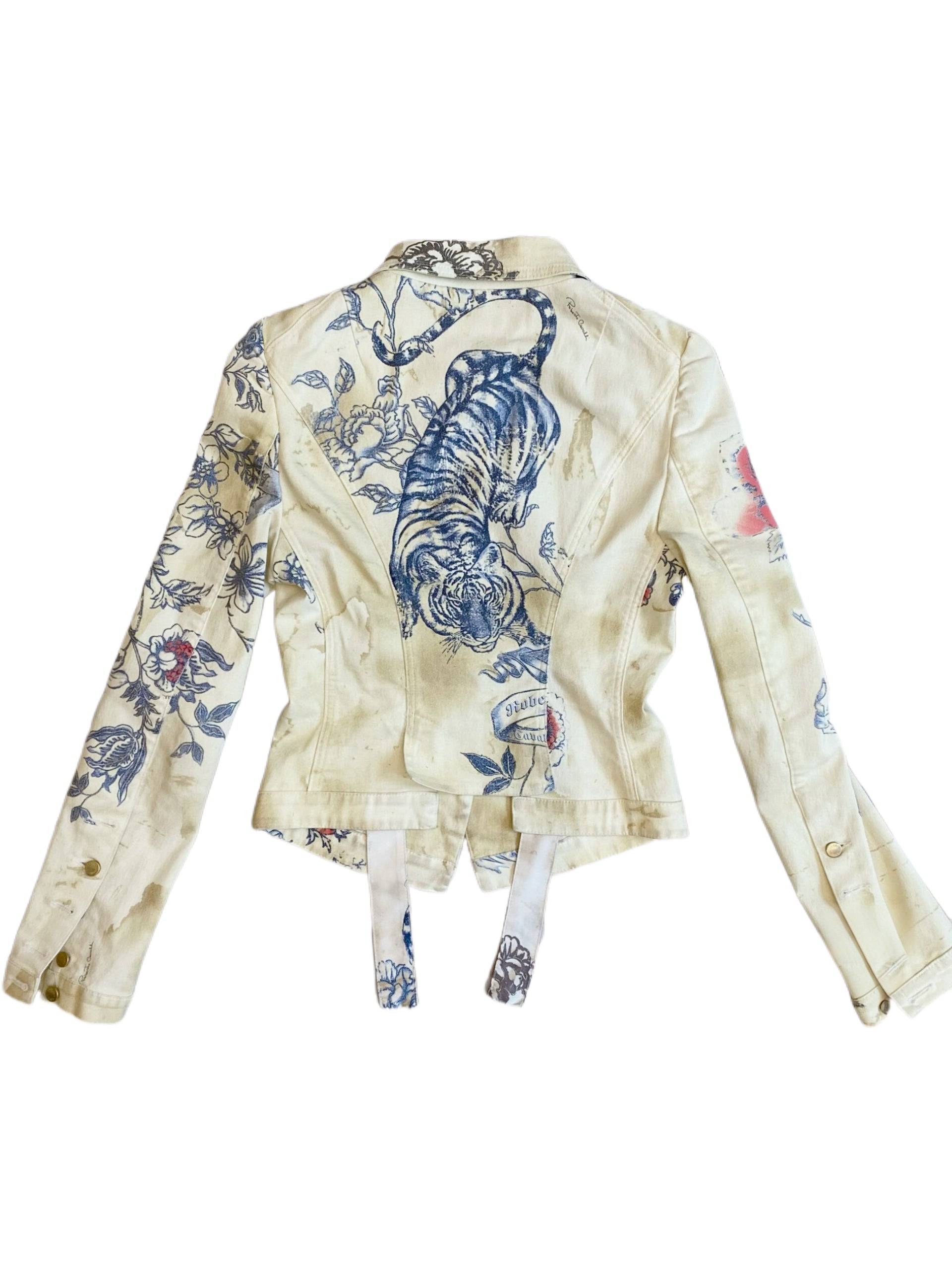 Roberto Cavalli 2003 Runway Tiger & Rose Print Denim Jacket