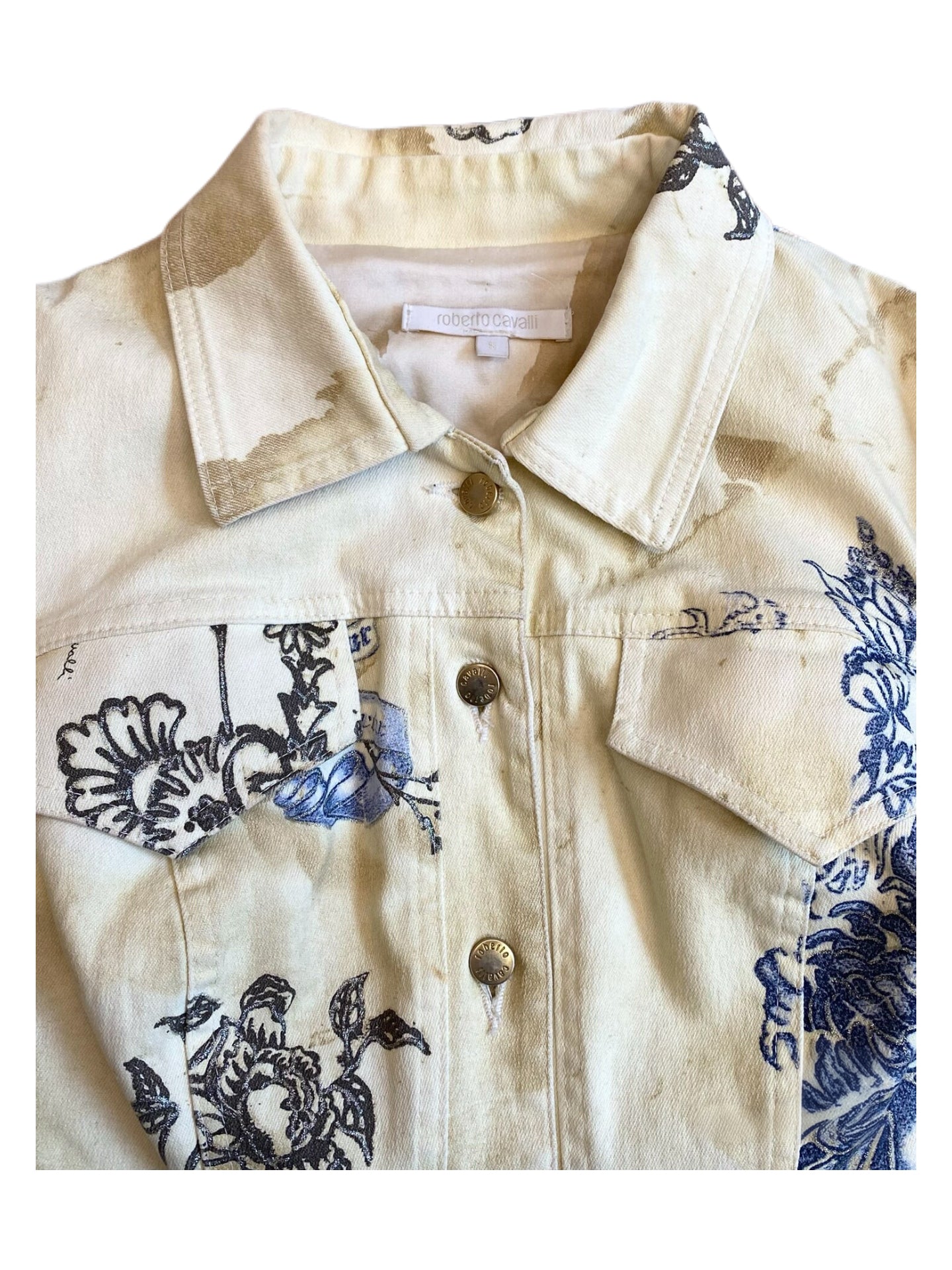 Roberto Cavalli 2003 Runway Tiger & Rose Print Denim Jacket