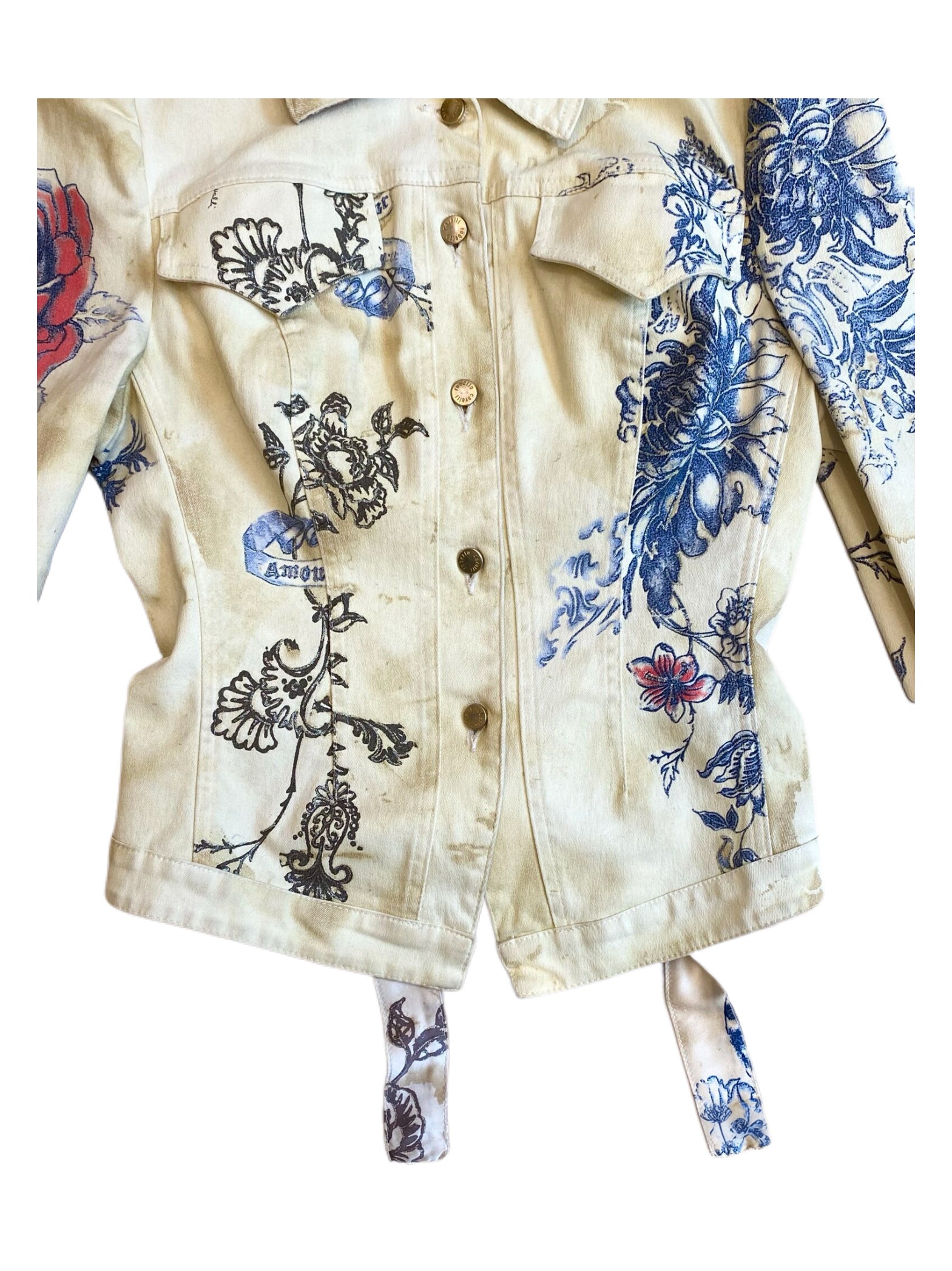 Roberto Cavalli 2003 Runway Tiger & Rose Print Denim Jacket