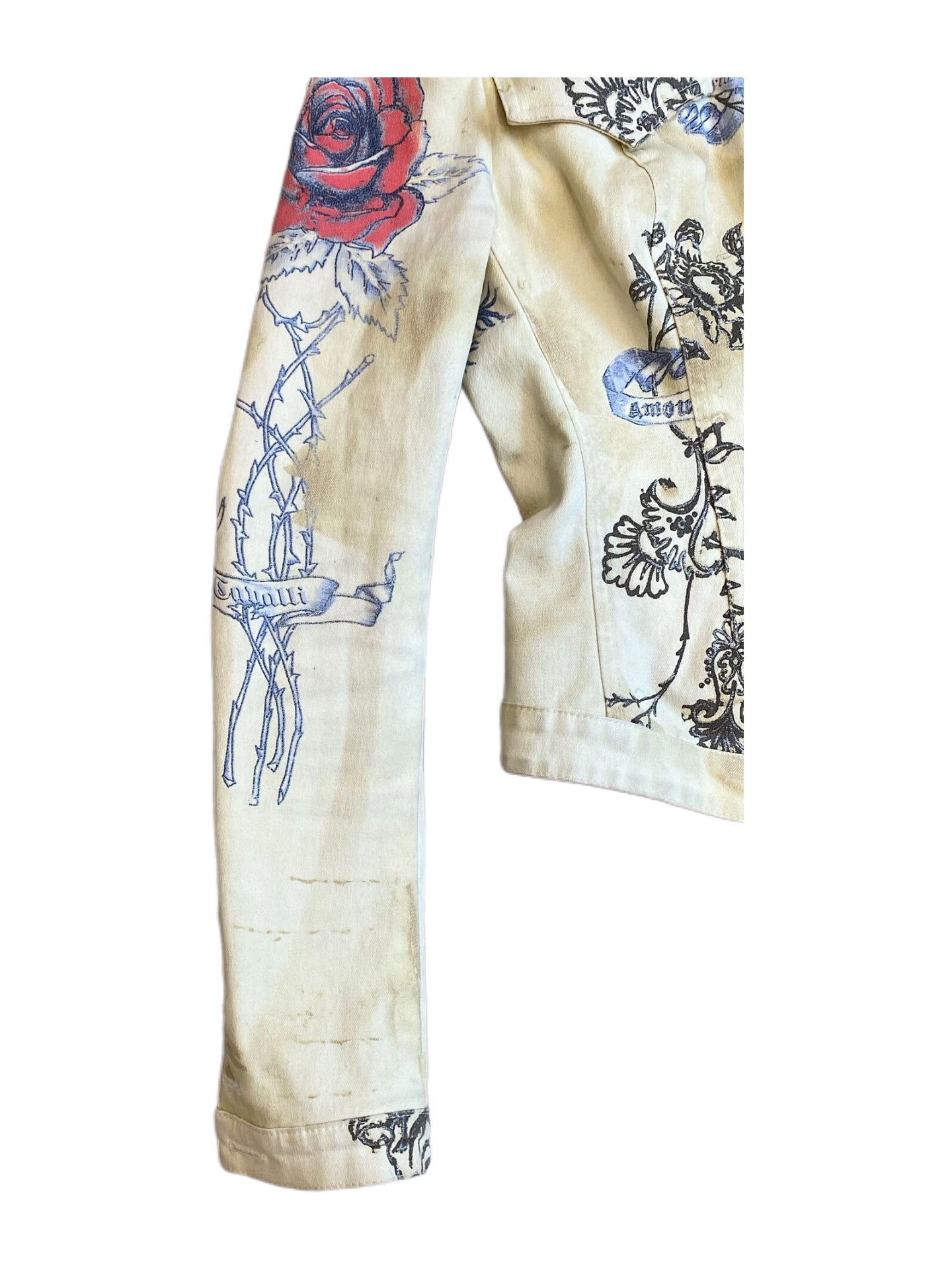 Roberto Cavalli 2003 Runway Tiger & Rose Print Denim Jacket