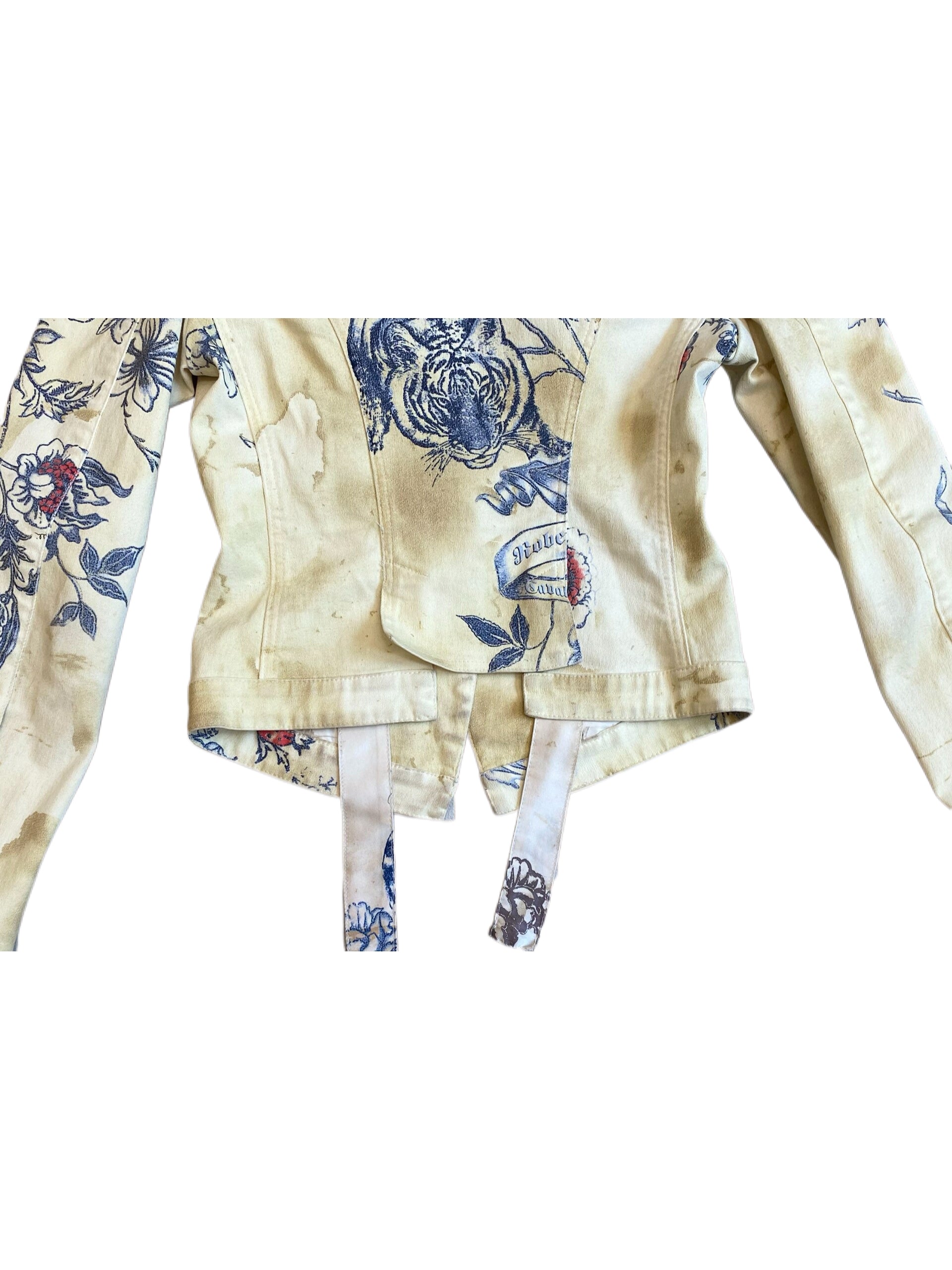 Roberto Cavalli 2003 Runway Tiger & Rose Print Denim Jacket