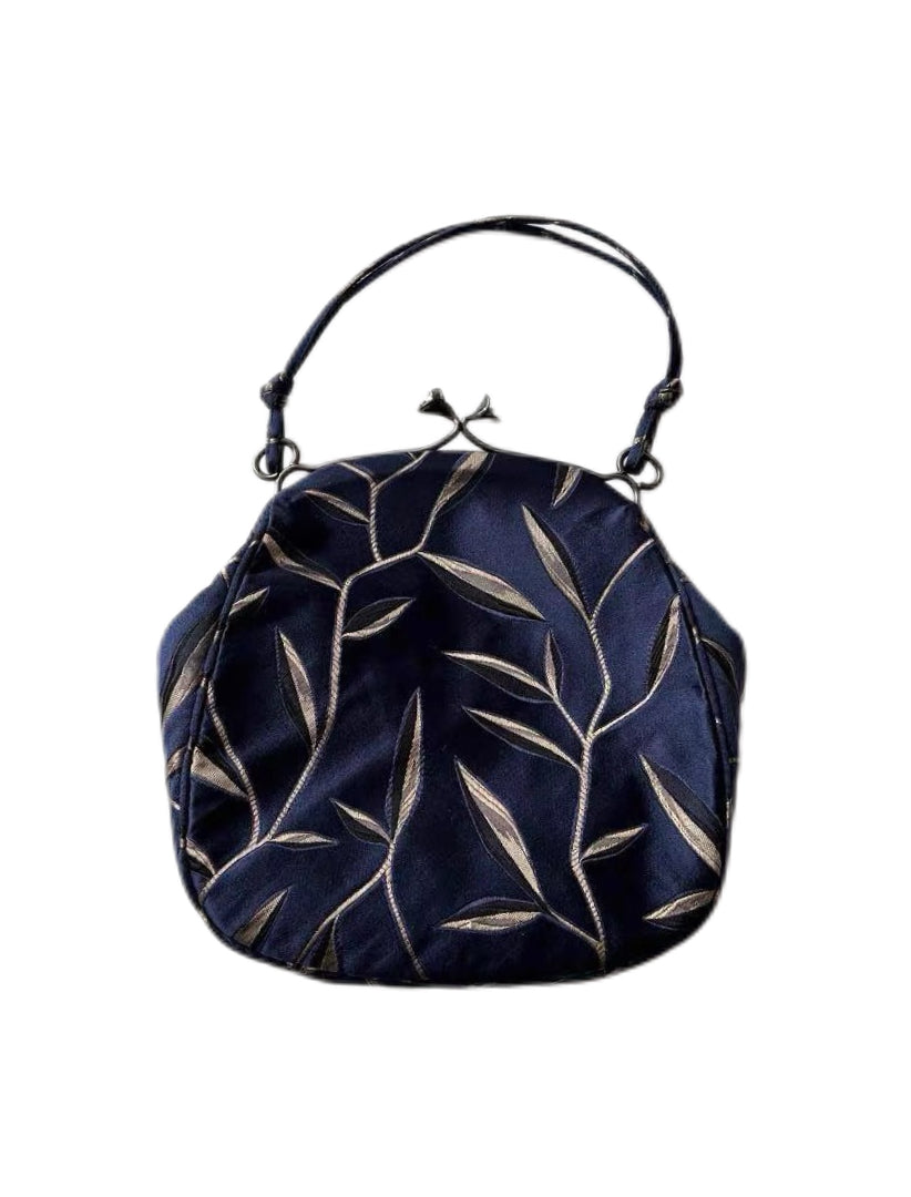 Prada 1997 SS Runway Oriental Leaf Jacquard Satin Kiss Lock Handbag