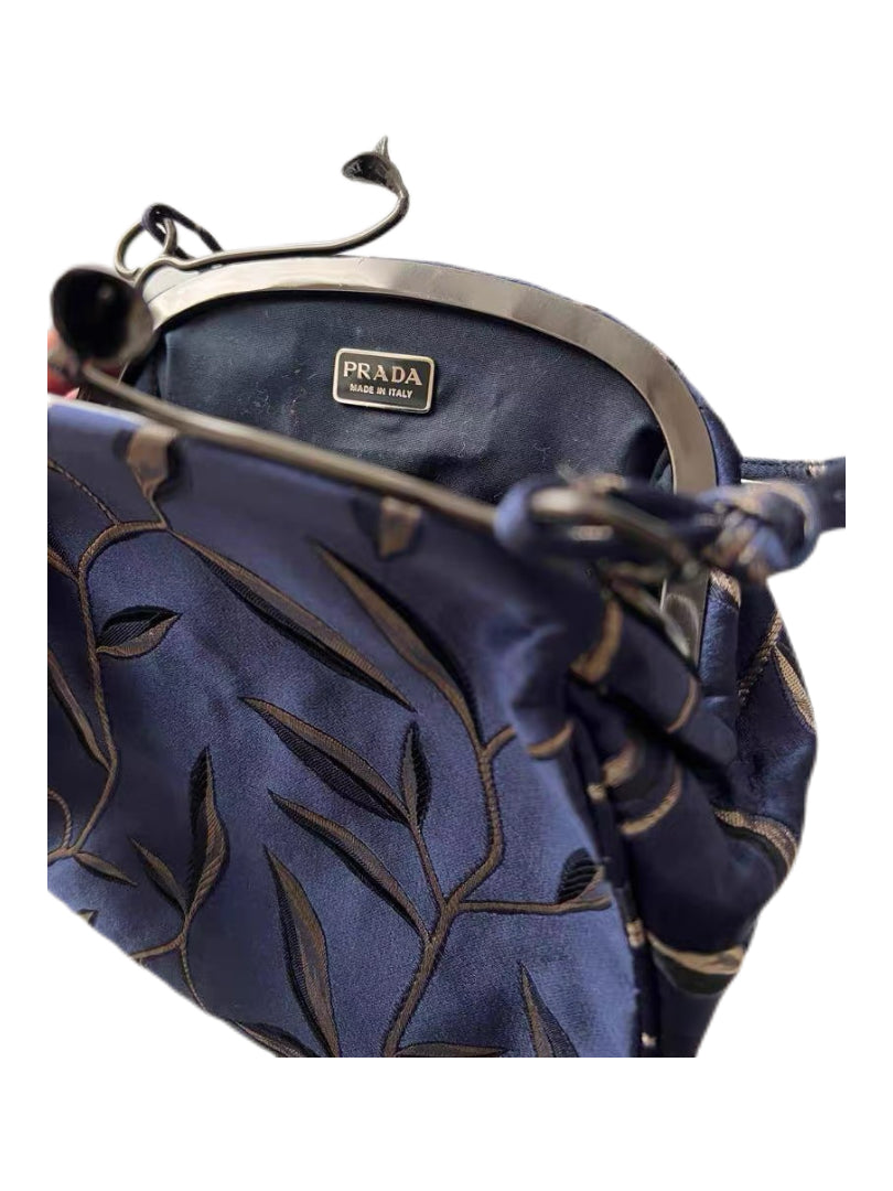 Prada 1997 SS Runway Oriental Leaf Jacquard Satin Kiss Lock Handbag