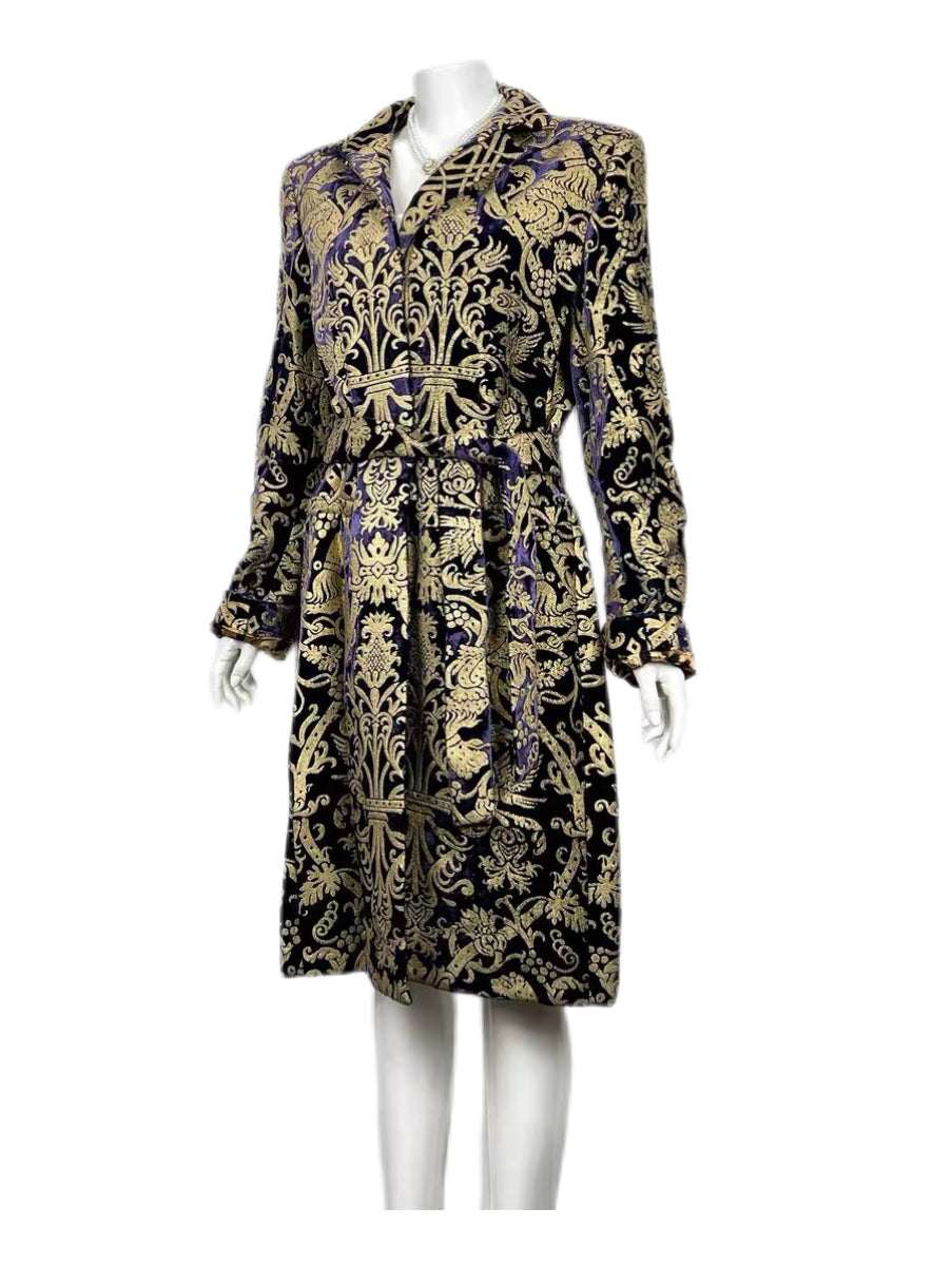 Roberto Cavalli Vintage Runway Coat Dress Velvet Gold Baroque Print Silk Lined Rare Archive Collector Piece Size 46 Italy