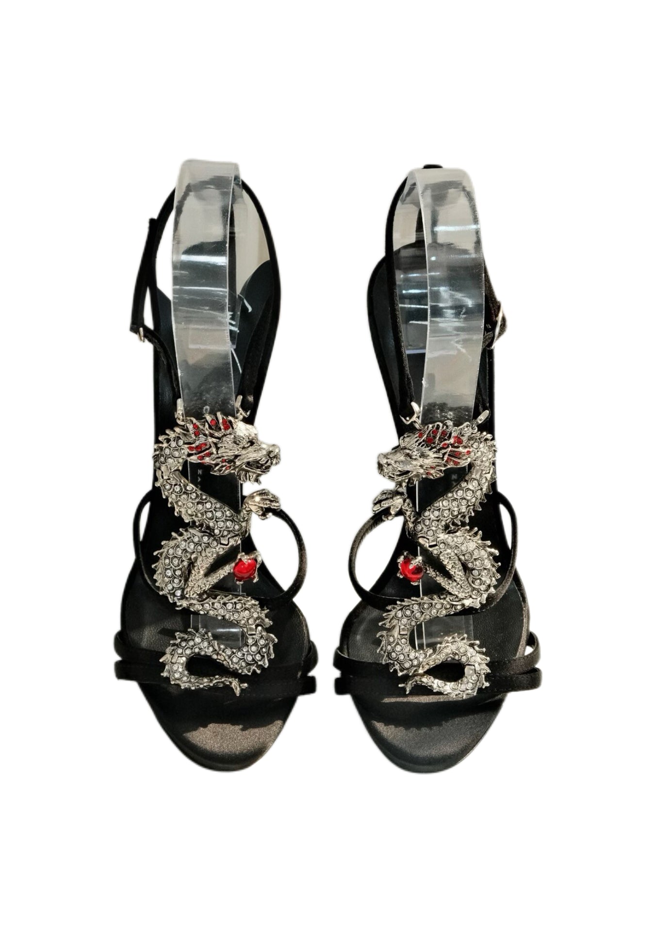 Giuseppe Zanotti Vintage Dragon Heels Black Satin Crystal Embellished Sculptural Sandals Rare Collector Piece Size 37 Italy