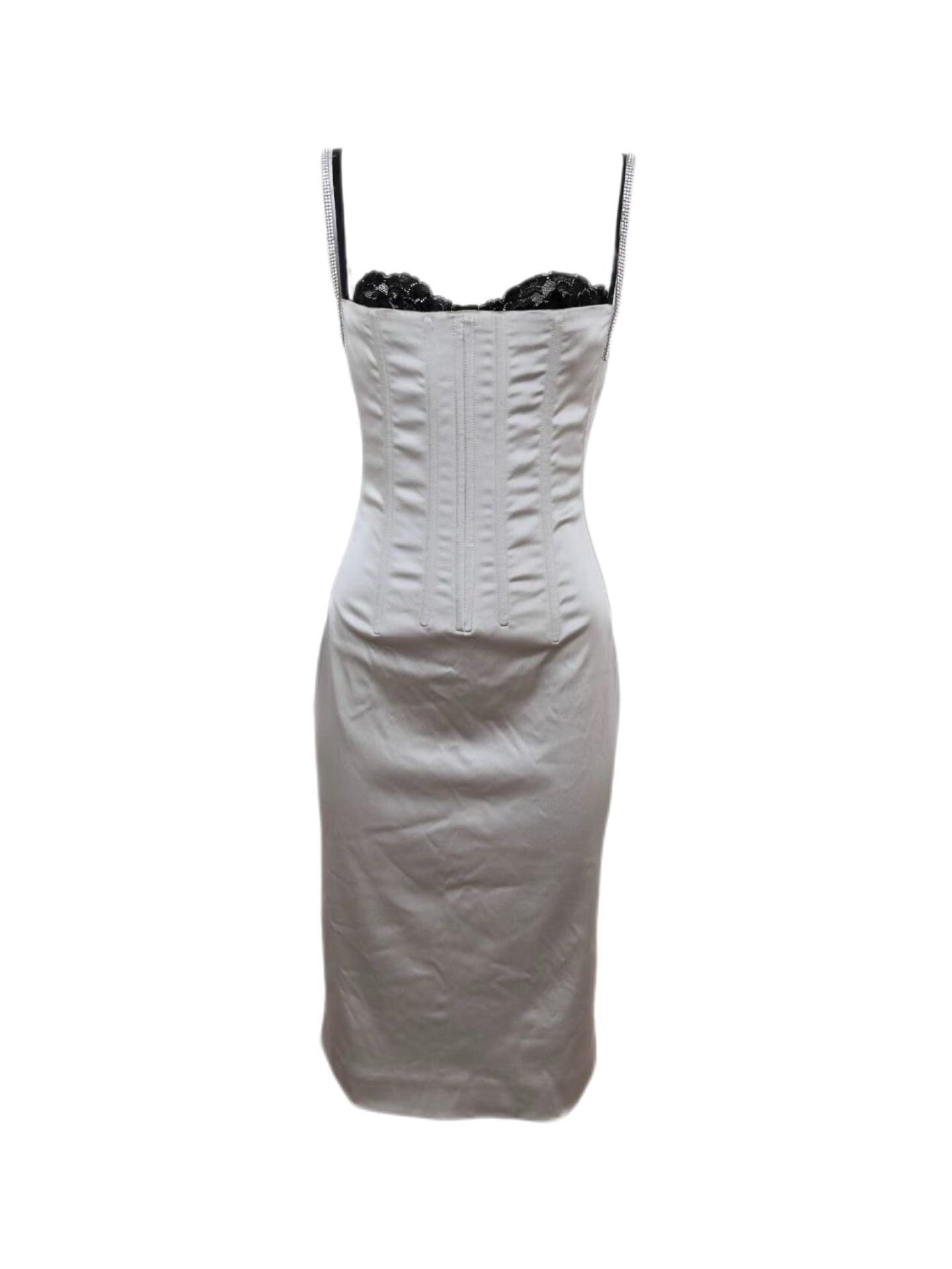 Dolce & Gabbana 2000s Vintage Silver Corset Dress Lace Bra Crystal Strap Bodycon Runway Archive Piece IT42