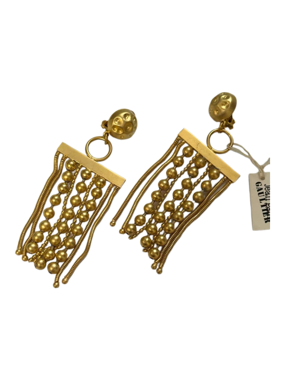 Jean Paul Gaultier 1990s Vintage Gold Fringe Earrings Beaded Tassel Clip-On Runway Nastassja Kinski Iconic Piece