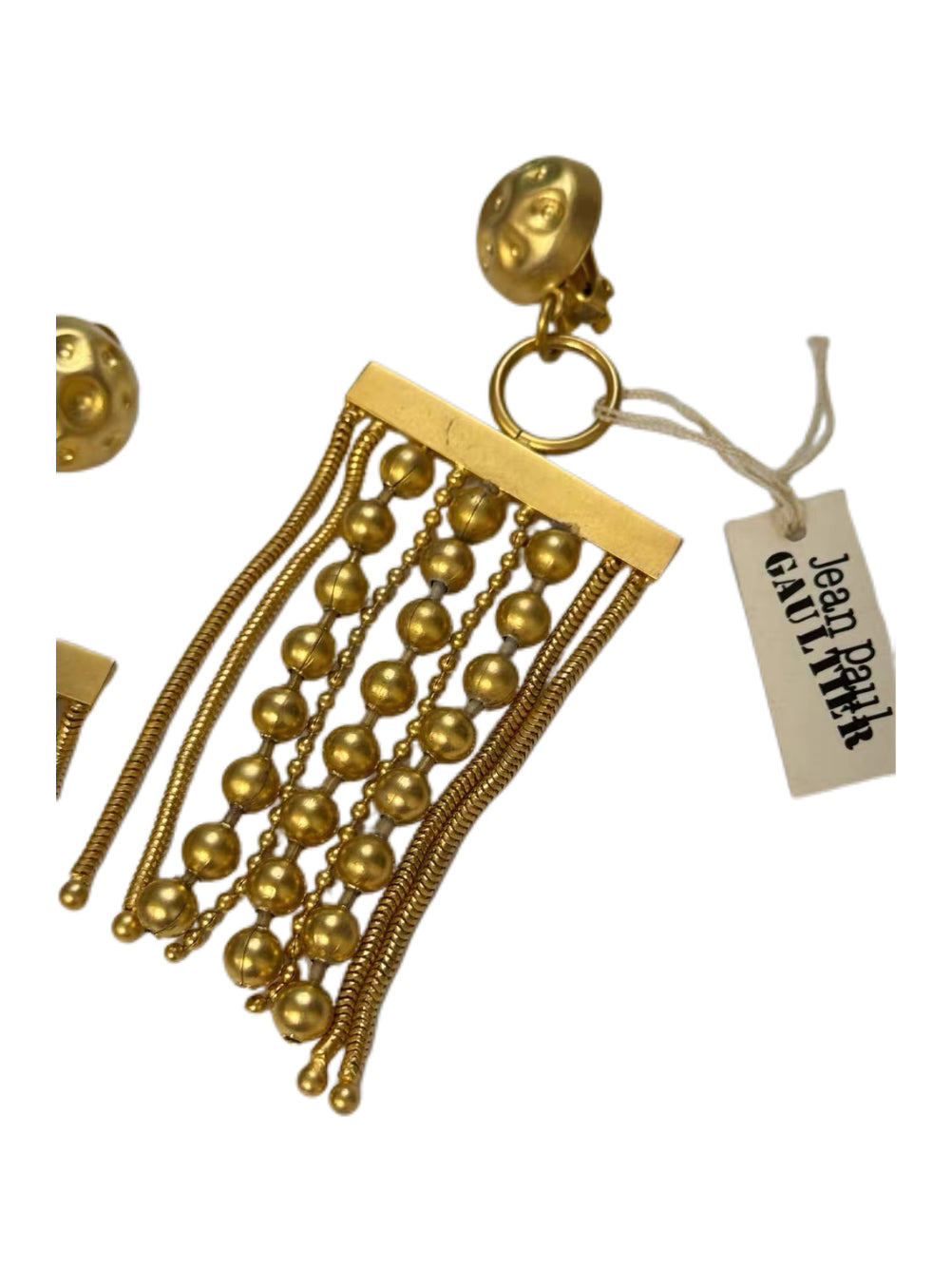 Jean Paul Gaultier 1990s Vintage Gold Fringe Earrings Beaded Tassel Clip-On Runway Nastassja Kinski Iconic Piece