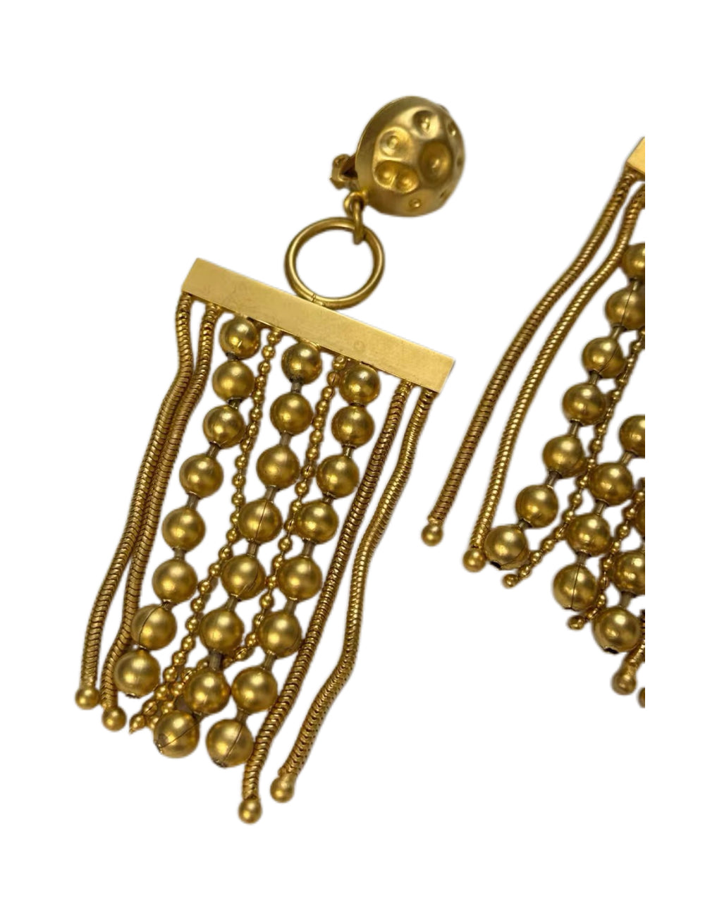 Jean Paul Gaultier 1990s Vintage Gold Fringe Earrings Beaded Tassel Clip-On Runway Nastassja Kinski Iconic Piece