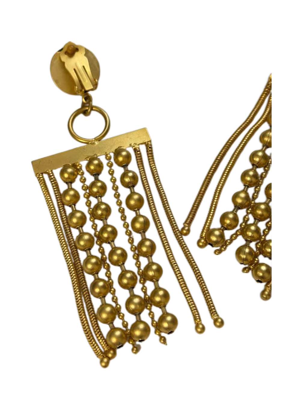 Jean Paul Gaultier 1990s Vintage Gold Fringe Earrings Beaded Tassel Clip-On Runway Nastassja Kinski Iconic Piece