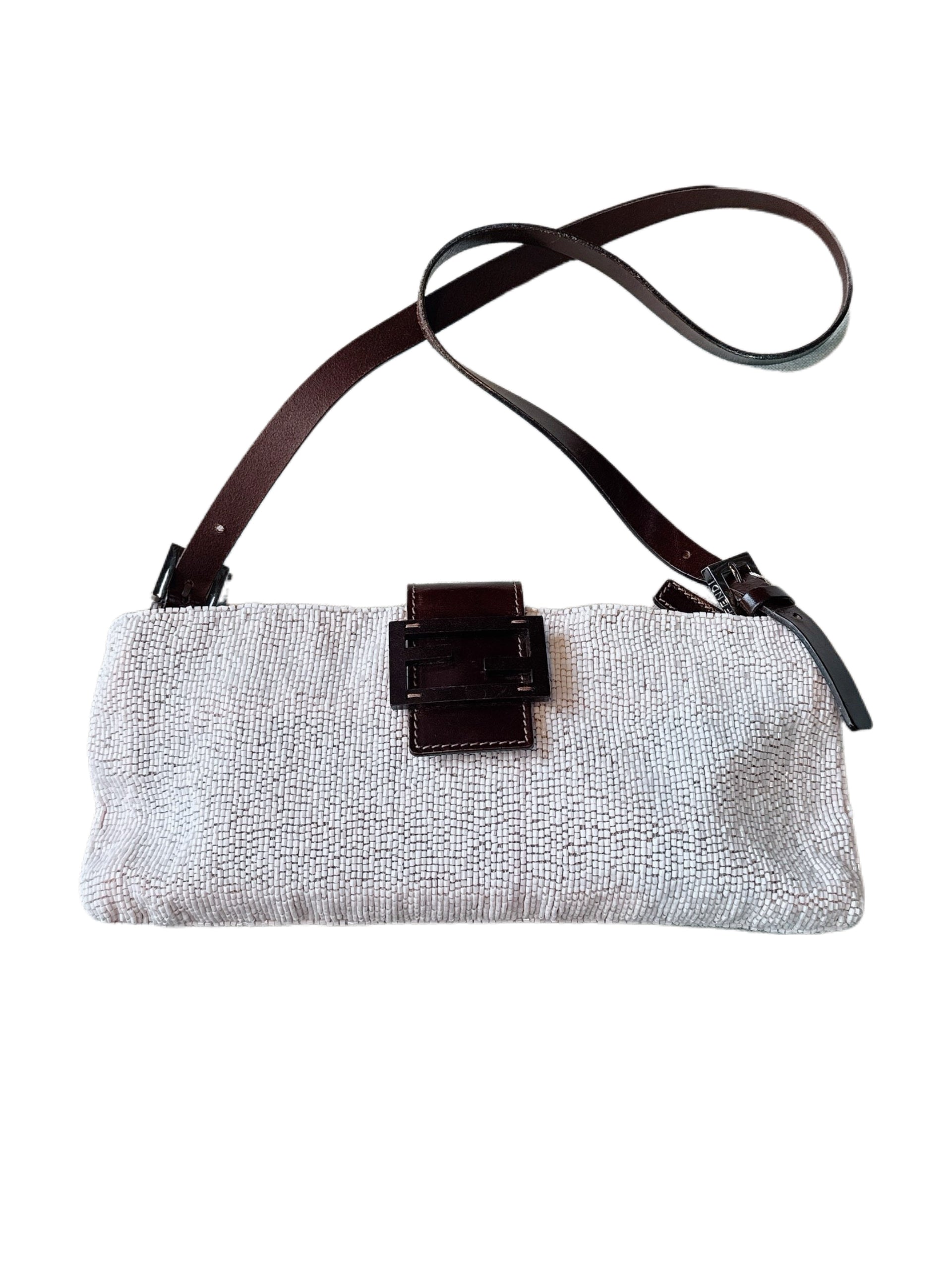 Fendi 2000s Vintage Beaded Baguette Bag Pink White Woven Canvas FF Logo Leather Strap Adjustable Shoulder Bag