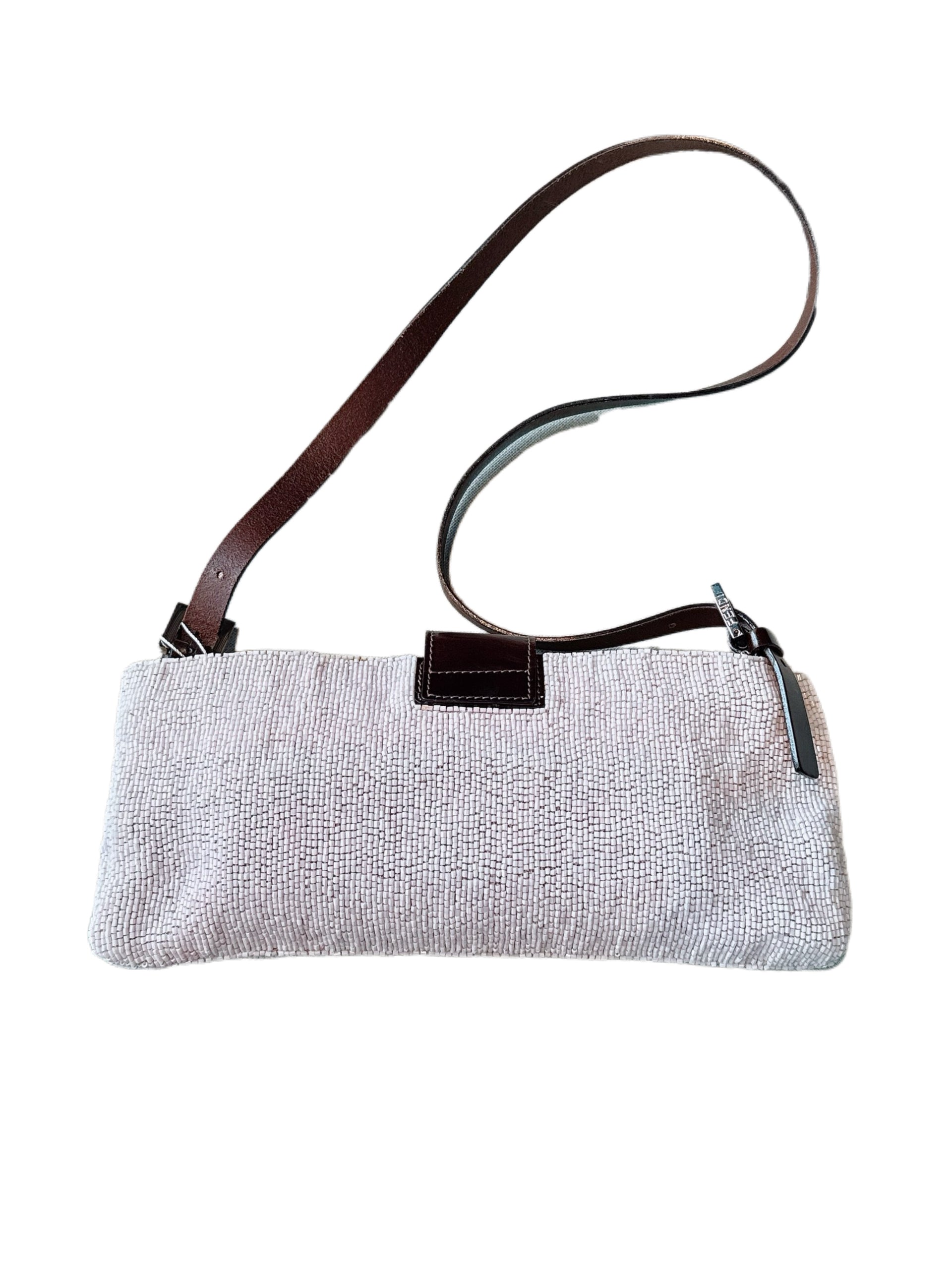Fendi 2000s Vintage Beaded Baguette Bag Pink White Woven Canvas FF Logo Leather Strap Adjustable Shoulder Bag