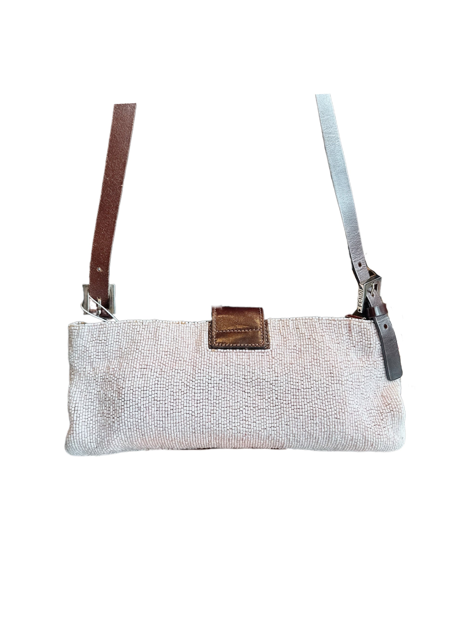 Fendi 2000s Vintage Beaded Baguette Bag Pink White Woven Canvas FF Logo Leather Strap Adjustable Shoulder Bag