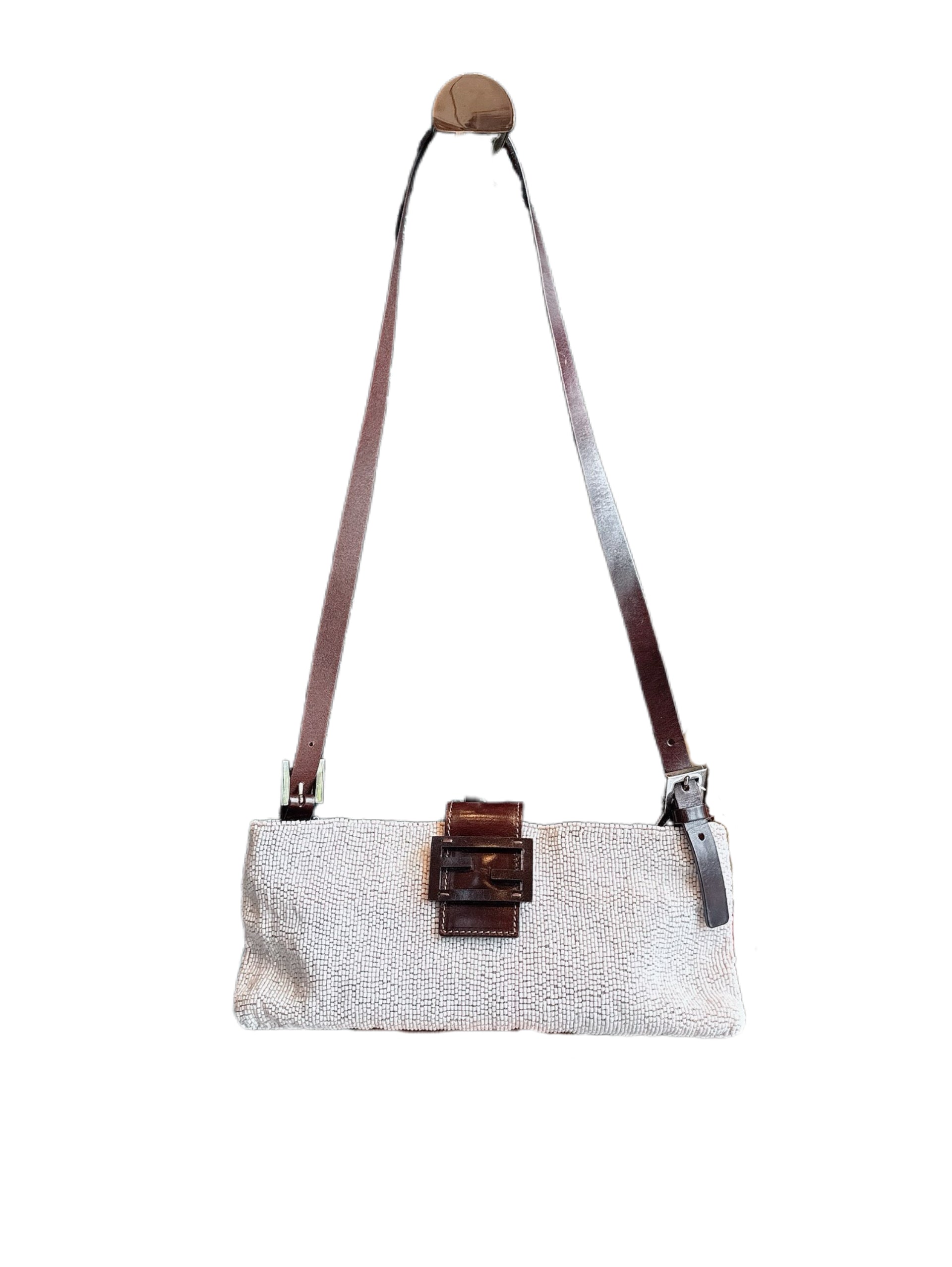 Fendi 2000s Vintage Beaded Baguette Bag Pink White Woven Canvas FF Logo Leather Strap Adjustable Shoulder Bag