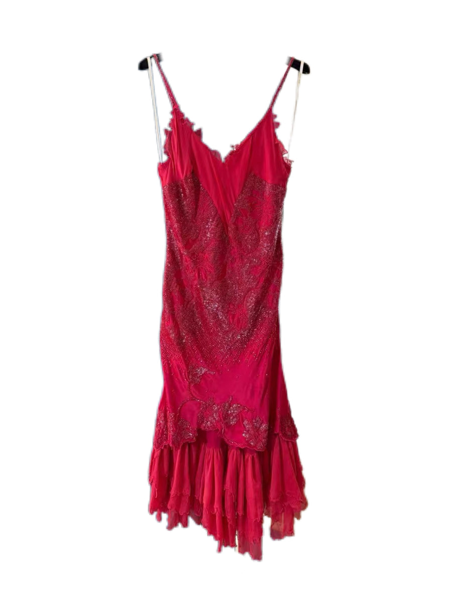 Roberto Cavalli 2004 Runway Red Silk Beaded Dress Vintage Heavy Embellished Slip Dress Museum Archive Piece