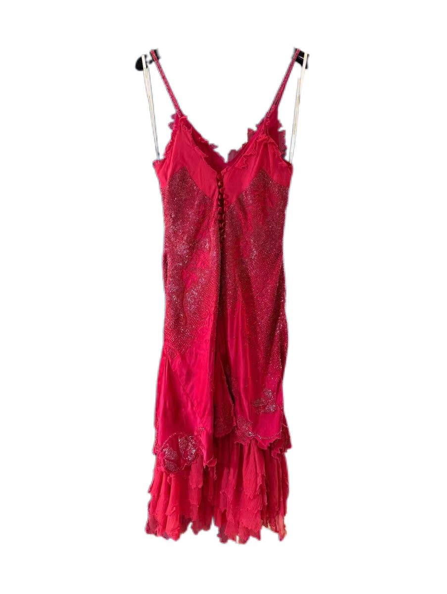 Roberto Cavalli 2004 Runway Red Silk Beaded Dress Vintage Heavy Embellished Slip Dress Museum Archive Piece