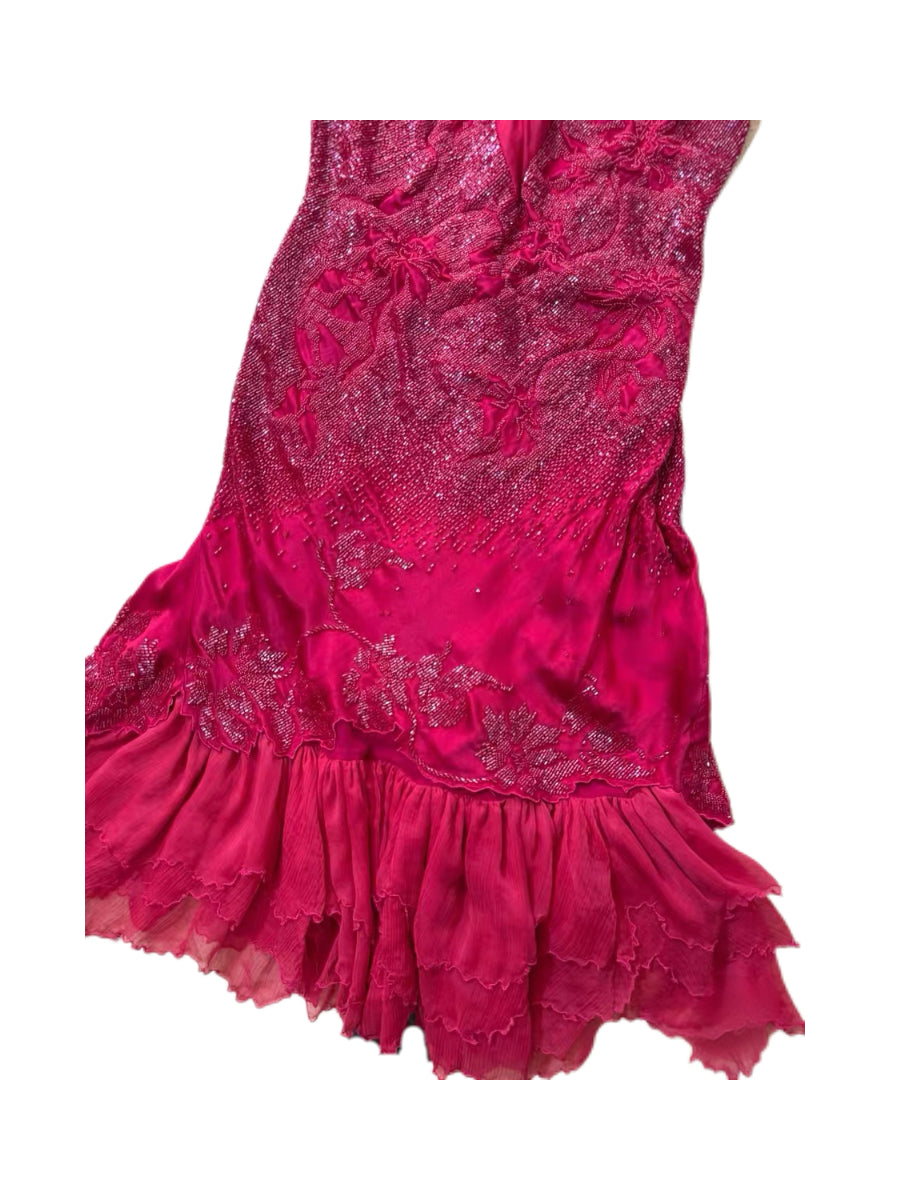 Roberto Cavalli 2004 Runway Red Silk Beaded Dress Vintage Heavy Embellished Slip Dress Museum Archive Piece