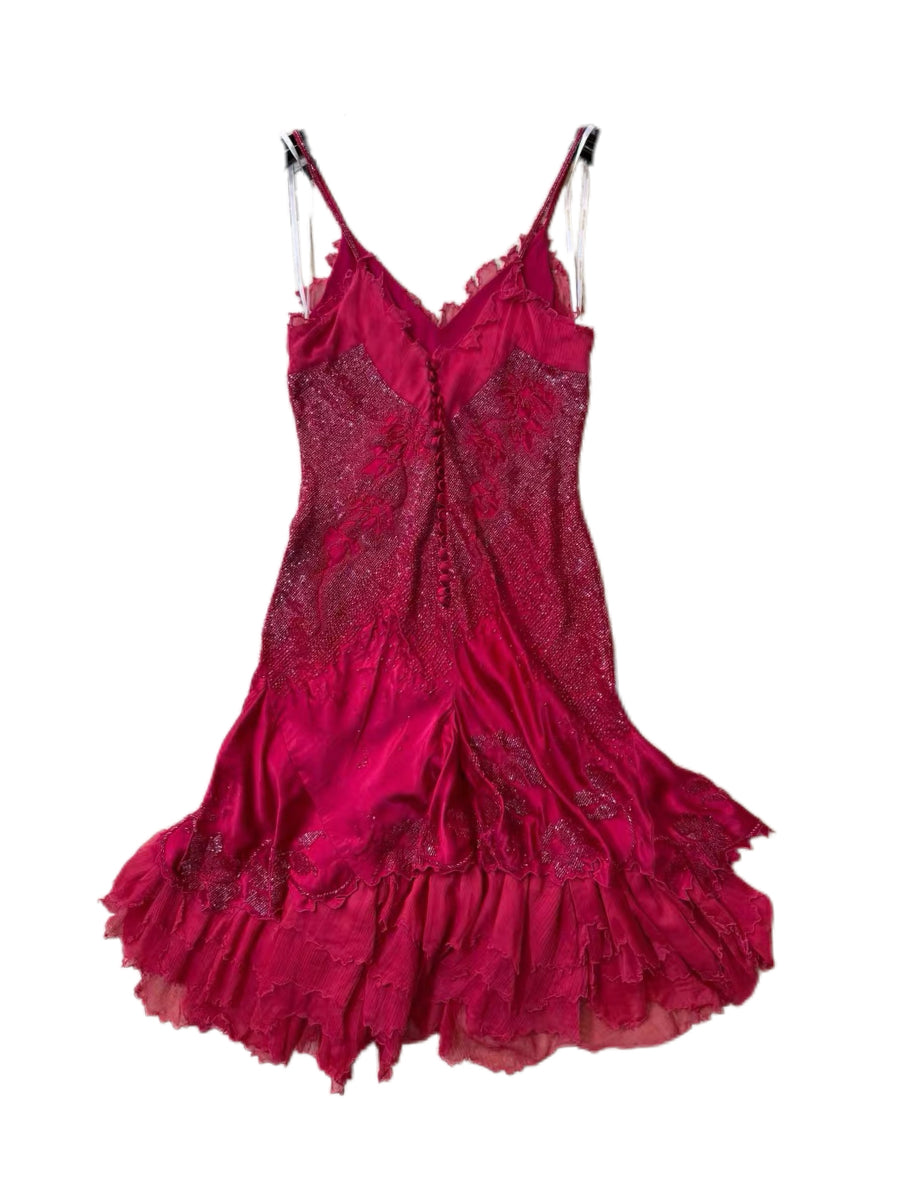 Roberto Cavalli 2004 Runway Red Silk Beaded Dress Vintage Heavy Embellished Slip Dress Museum Archive Piece