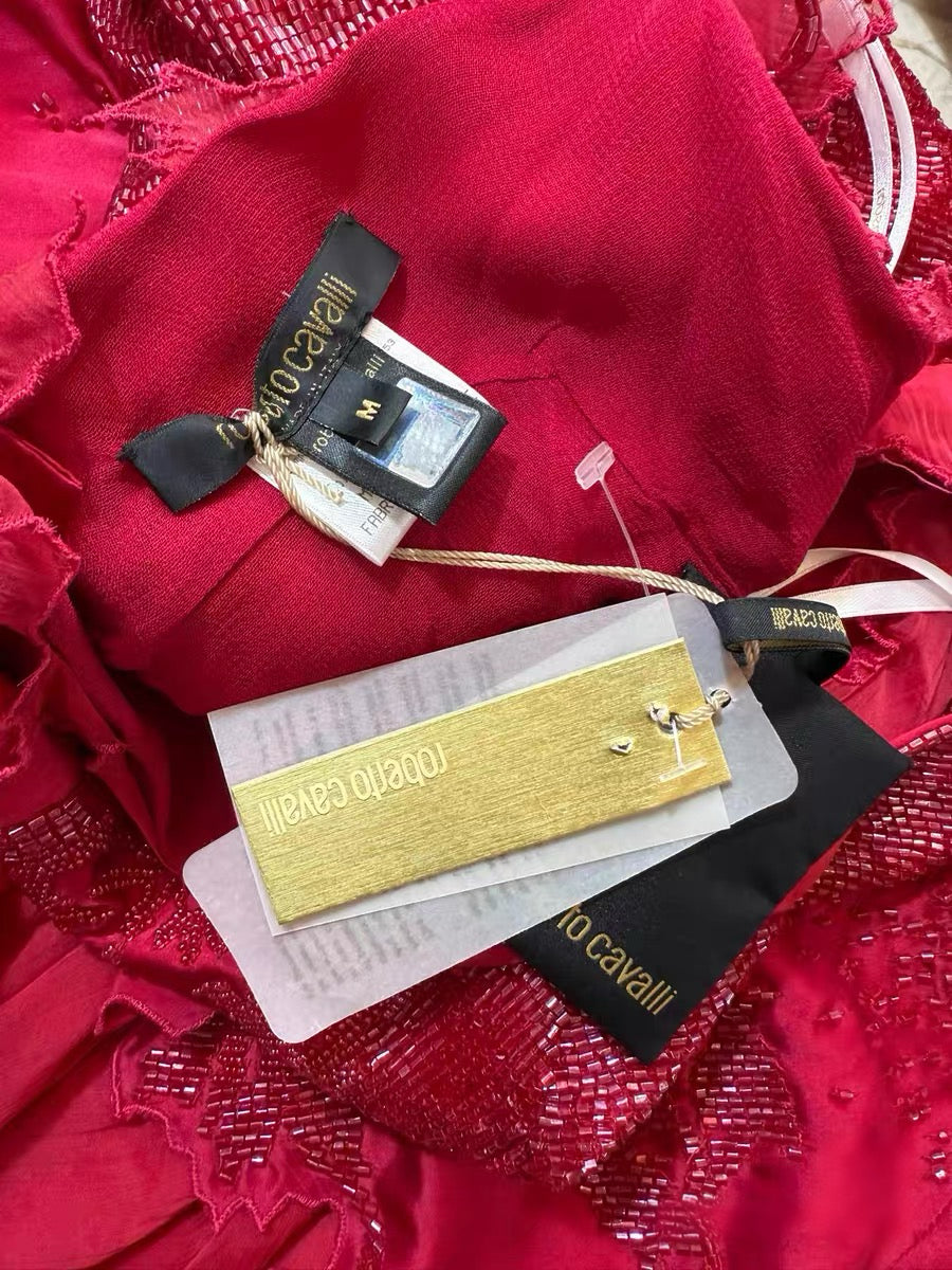 Roberto Cavalli 2004 Runway Red Silk Beaded Dress Vintage Heavy Embellished Slip Dress Museum Archive Piece