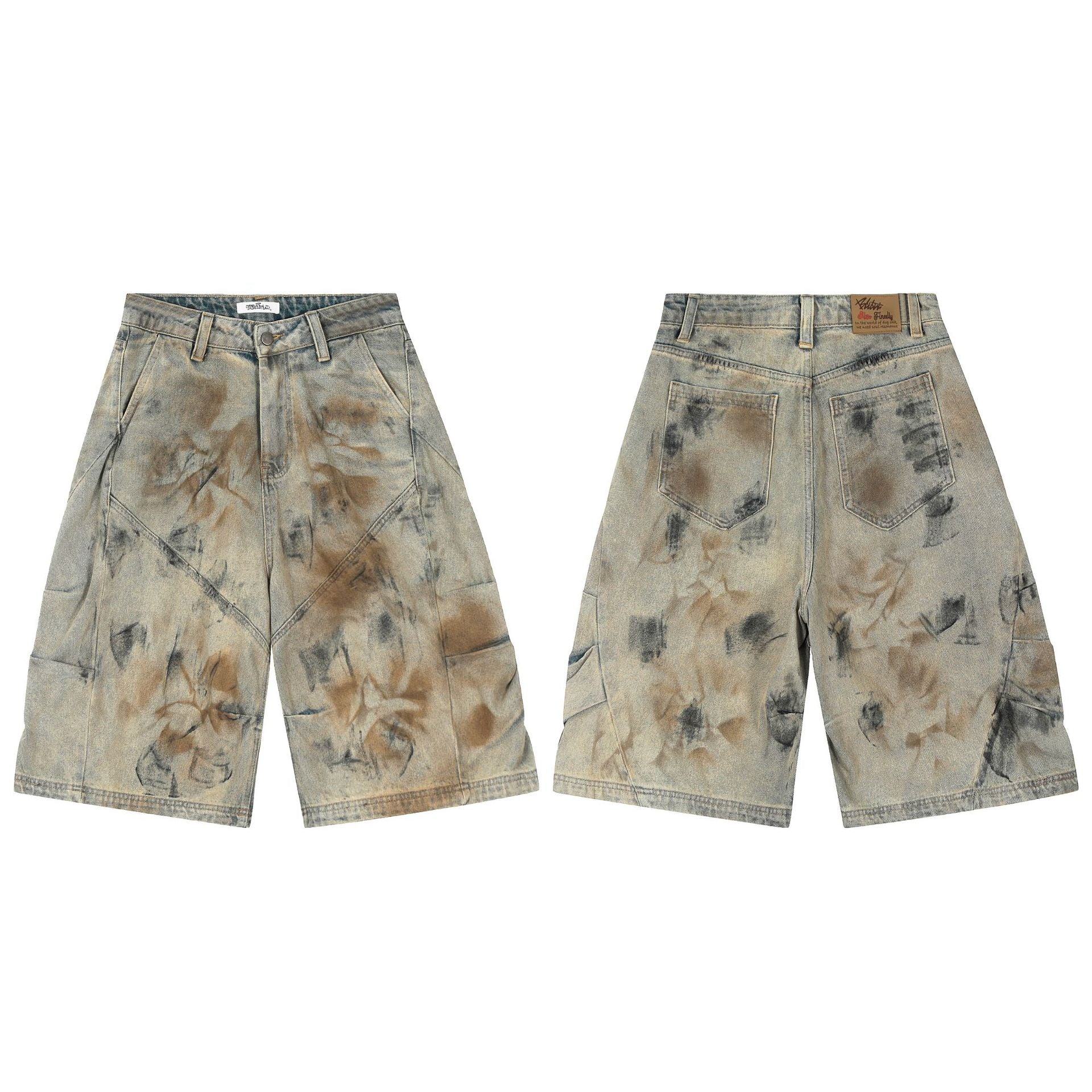 Distressed Floral-Dye Wide-Leg Denim Shorts – Multi-Tone Sand Fade