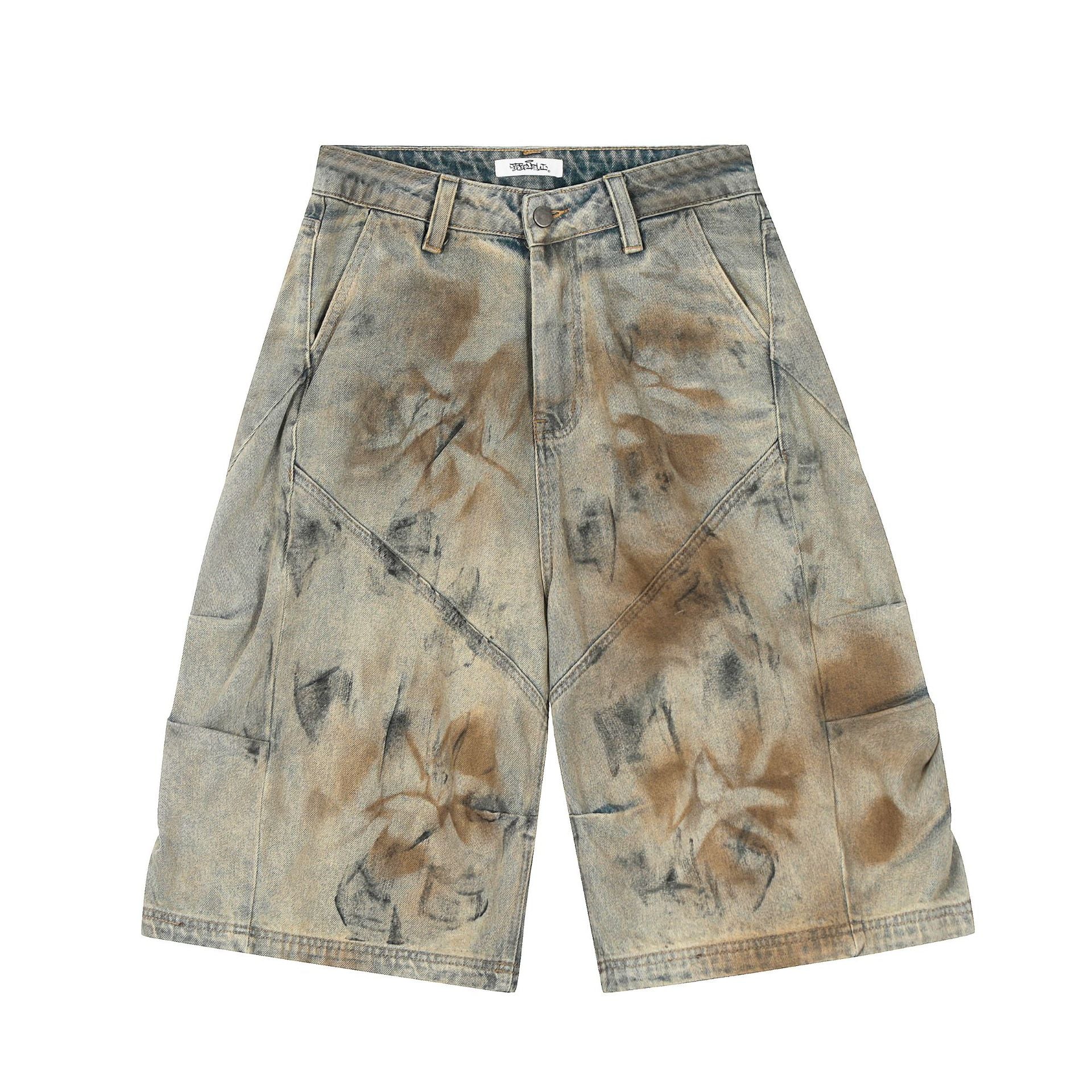 Distressed Floral-Dye Wide-Leg Denim Shorts – Multi-Tone Sand Fade