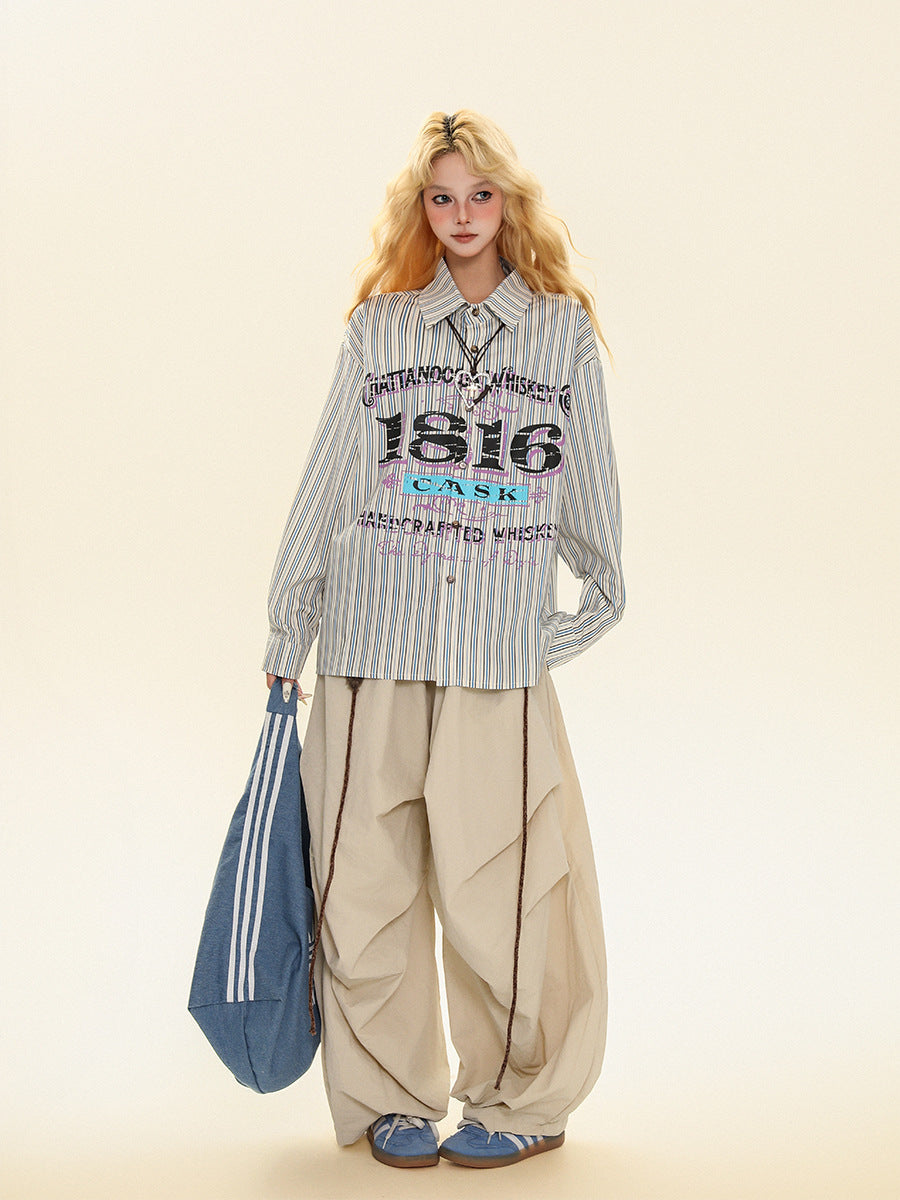 Oversized Striped Graphic Shirt – Multi Stripe / Typography Print