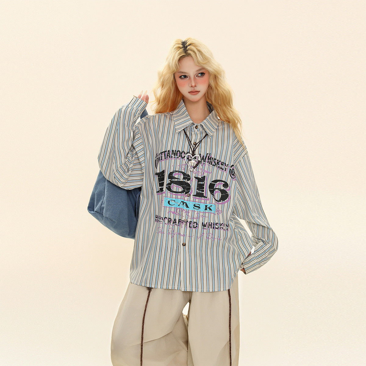 Oversized Striped Graphic Shirt – Multi Stripe / Typography Print