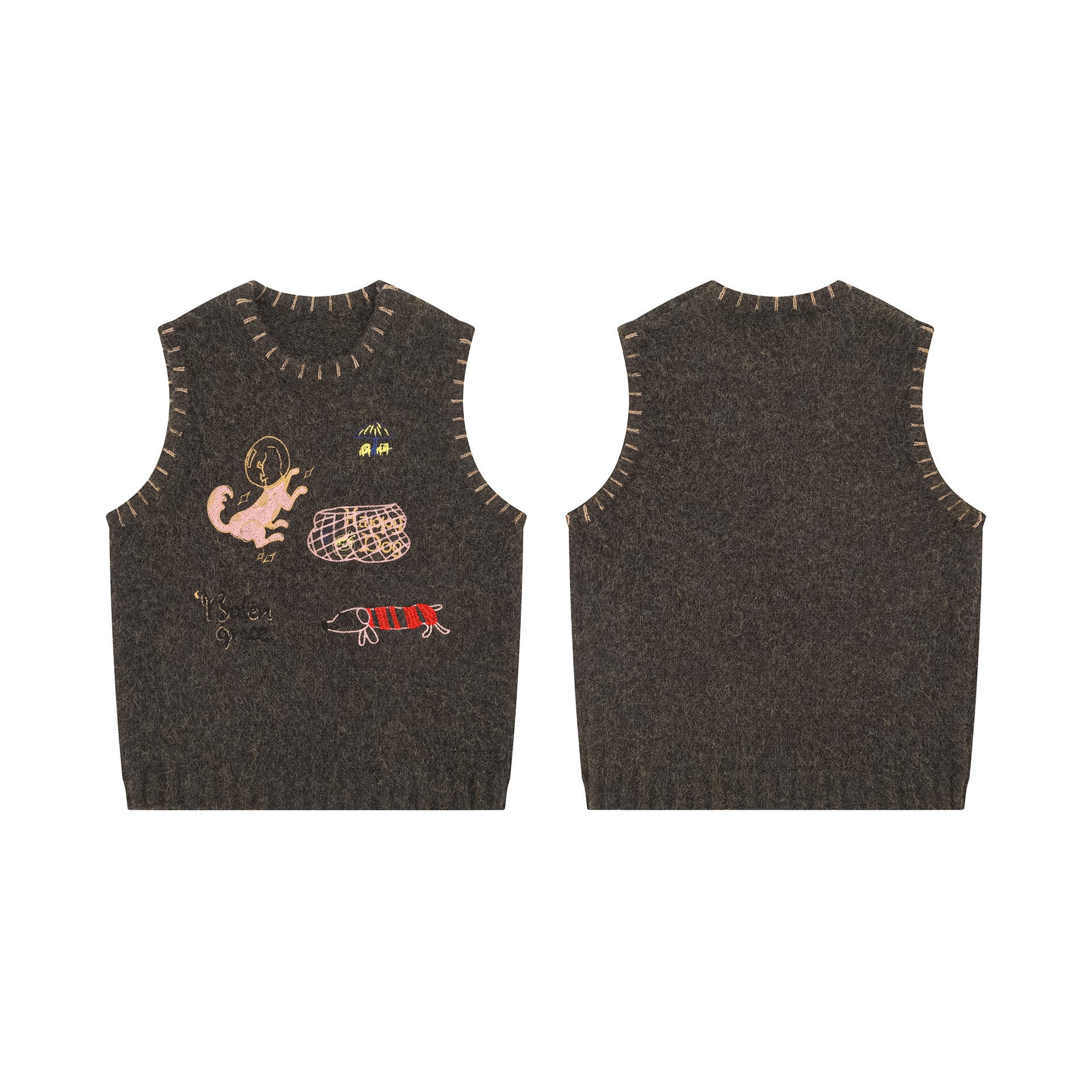 Space Critters Embroidered Wool-Blend Vest – Charcoal Grey