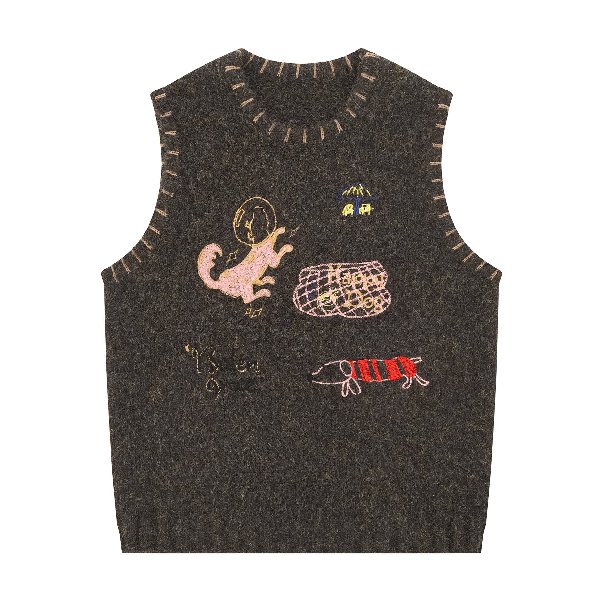 Space Critters Embroidered Wool-Blend Vest – Charcoal Grey