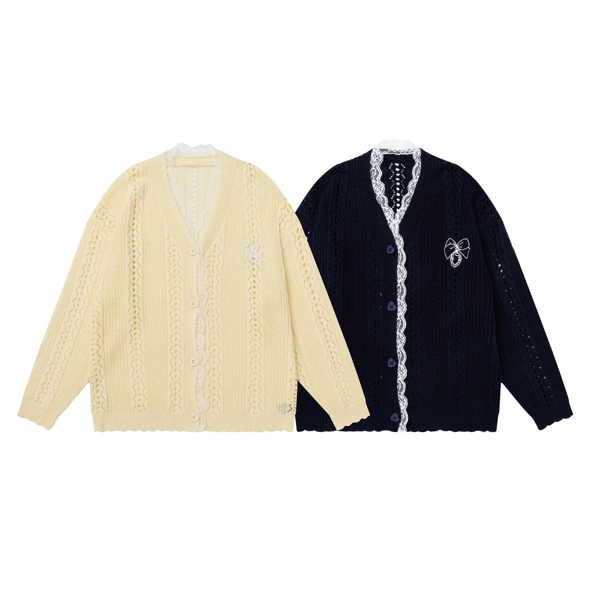 Lace-Trim Embroidered Bow Openwork Cardigan – Yellow / Black