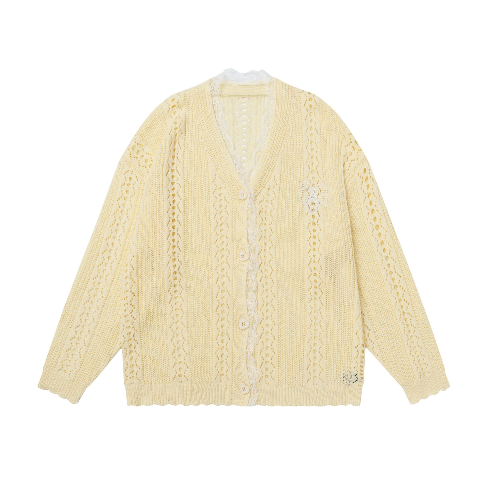 Lace-Trim Embroidered Bow Openwork Cardigan – Yellow / Black